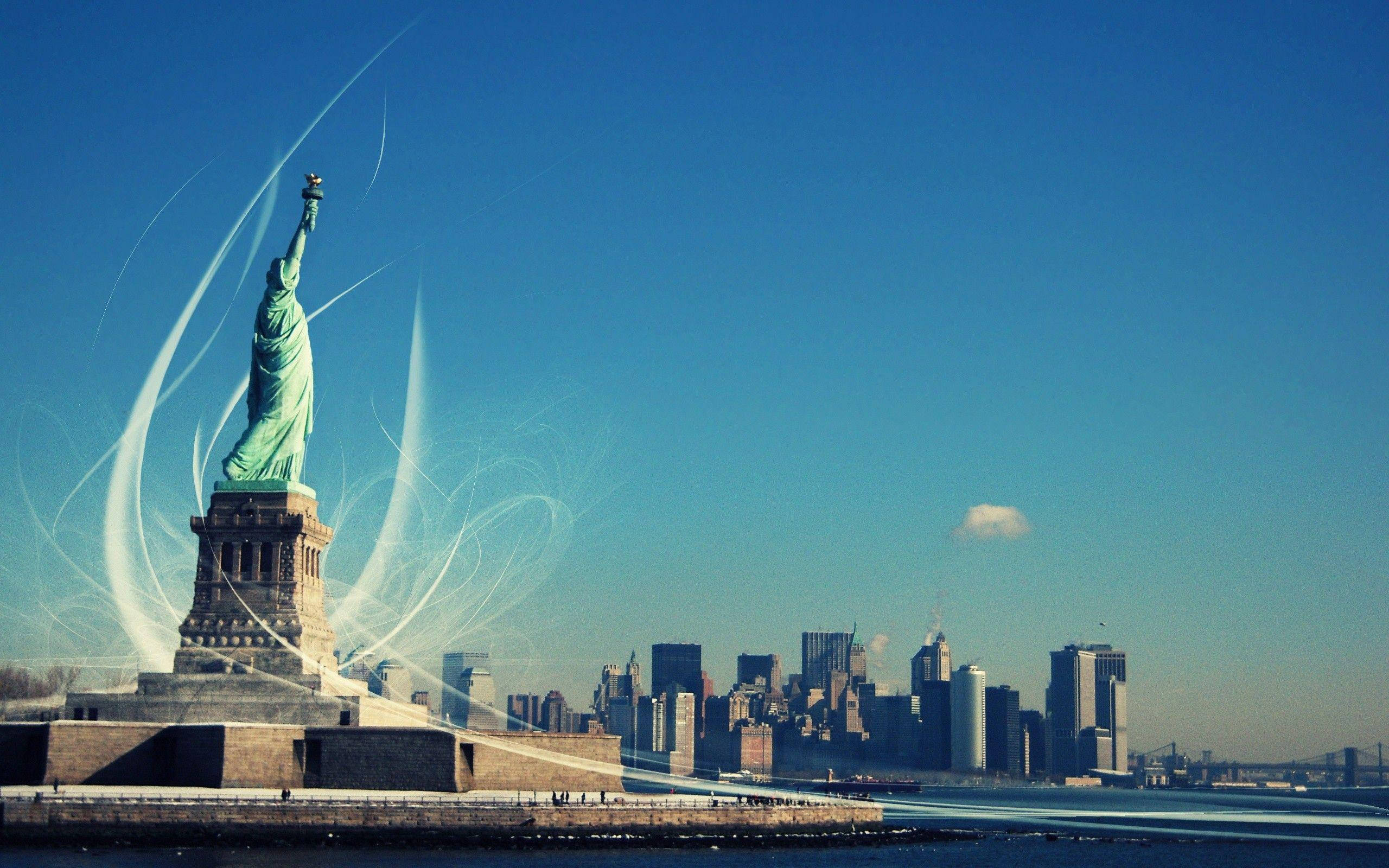 Statue Of Liberty In American City Background