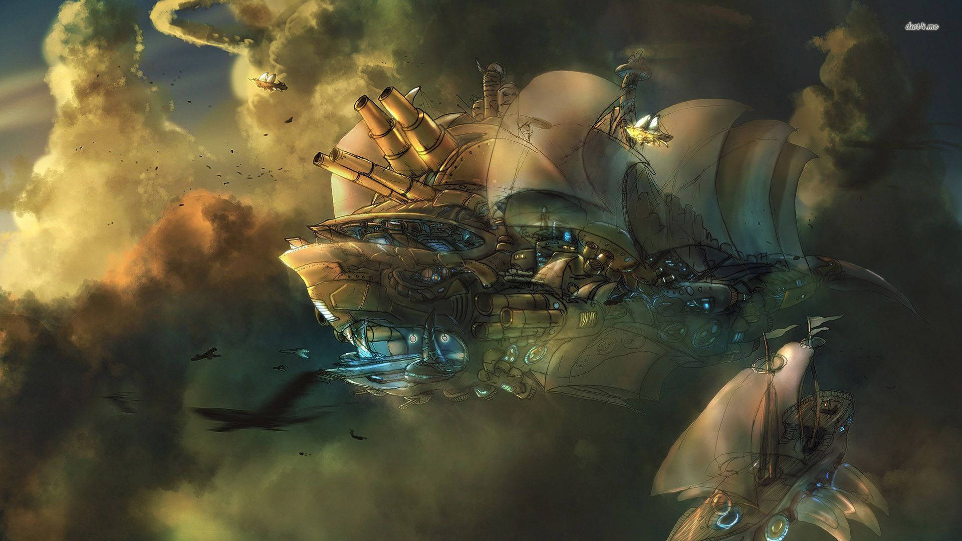 Steampunk Airships Above Clouds Background