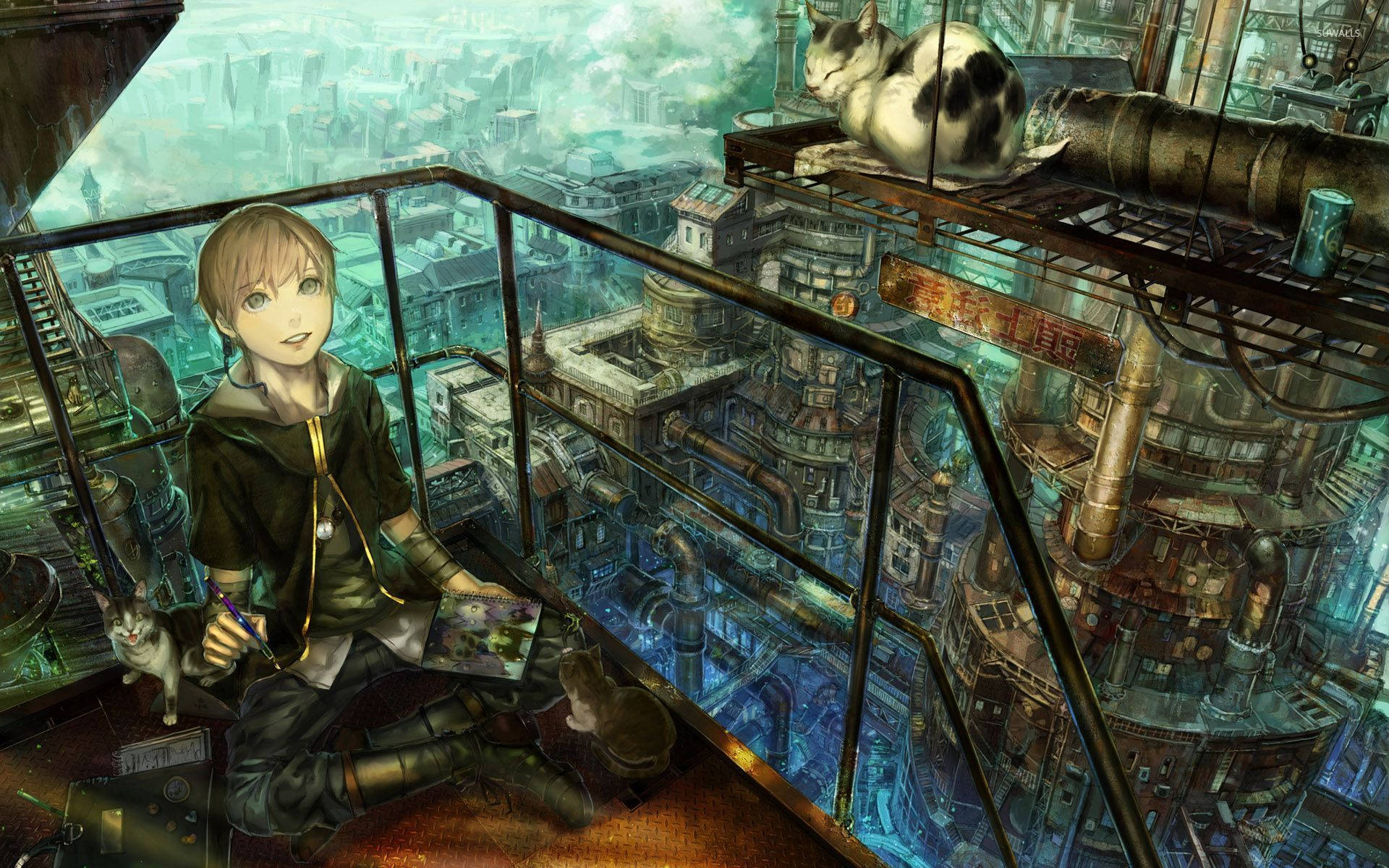 Steampunk Boy And Cats Background