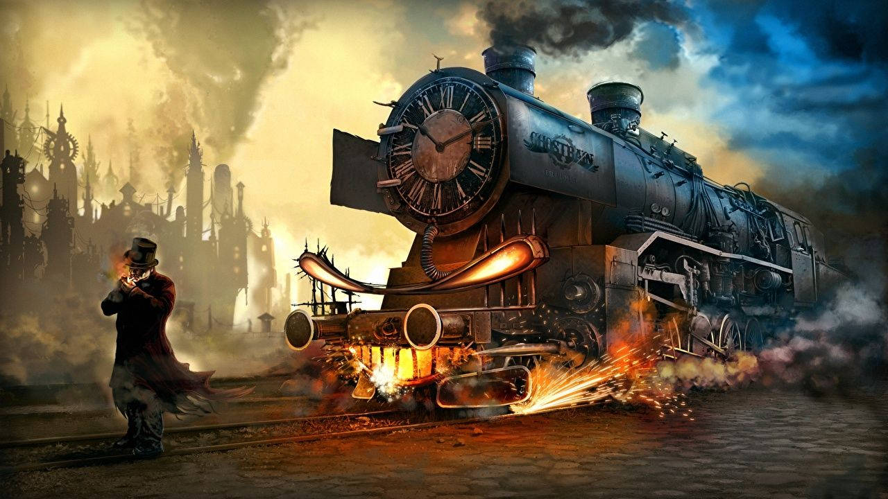 Steampunk Man And Train Background