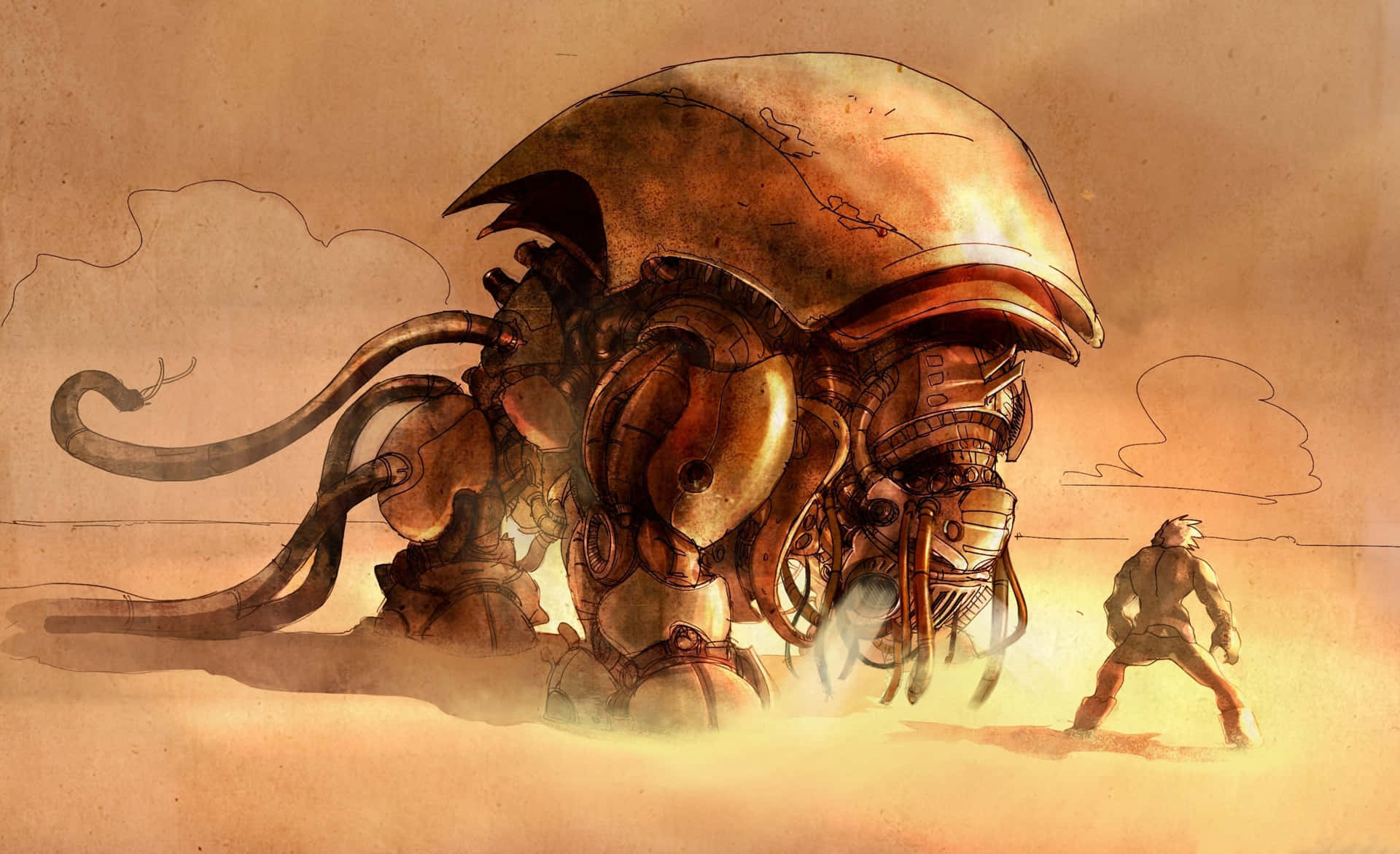 Steampunk_ Octopus_ Mech_ Confrontation Background