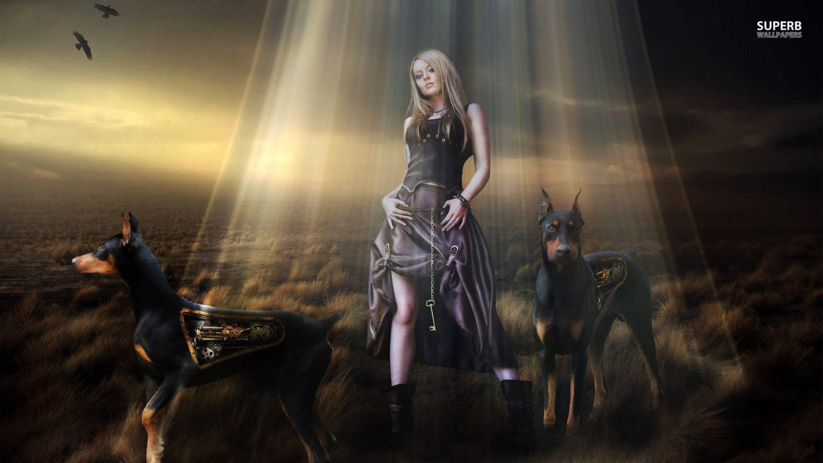 Steampunk Woman And Dogs Background