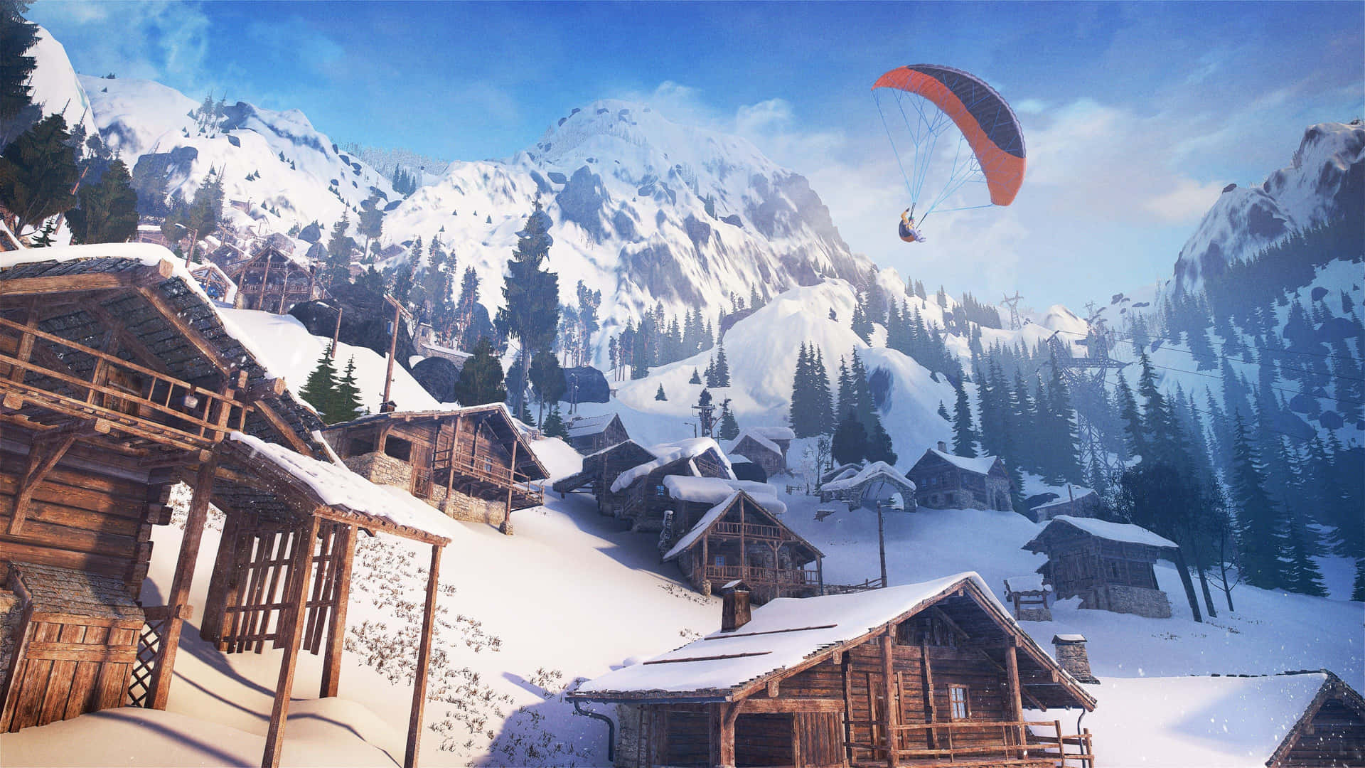Steep Paragliding With Wooden Houses Background