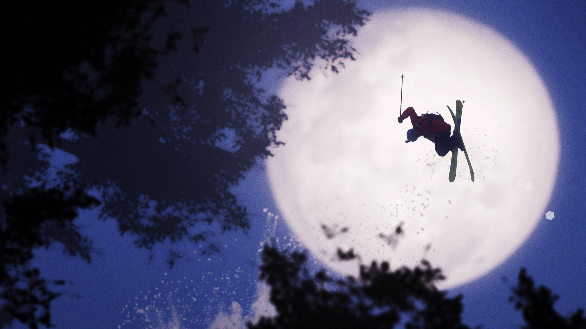 Steep Skiing In The Moonlight Background