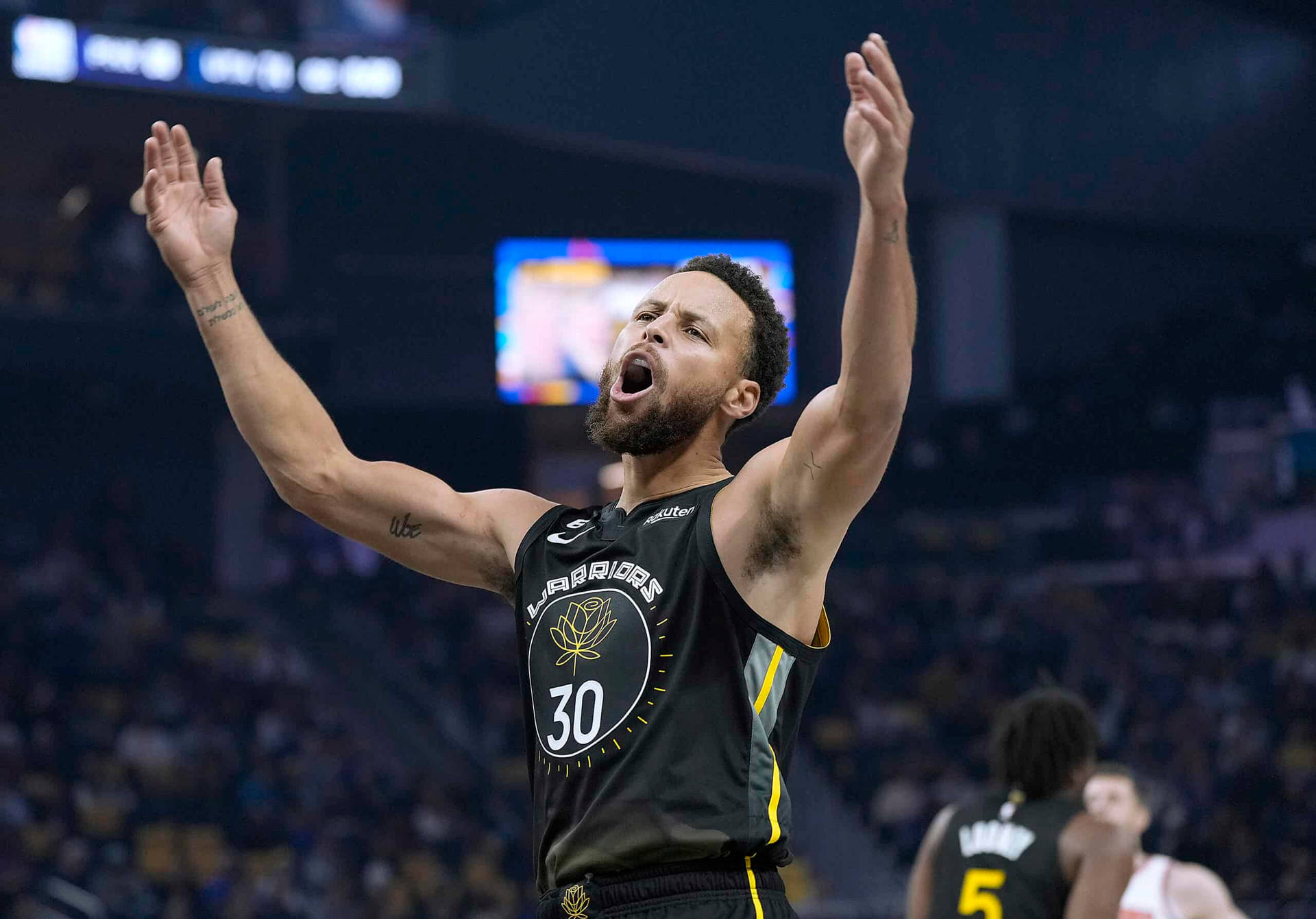 Steph Curry Celebrating With Arms Up Background