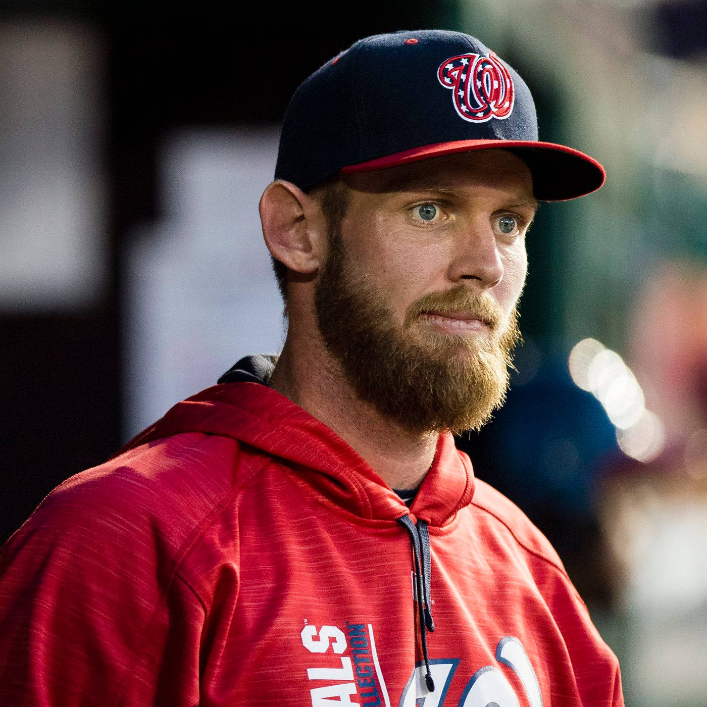 Stephen Strasburg Wearing A Red Hoodie Background