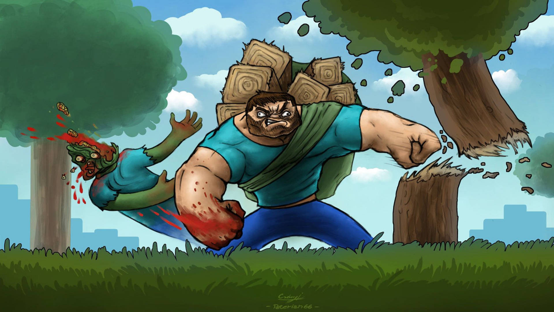 Steve Punching Trees And Zombies 2560x1440 Minecraft Background