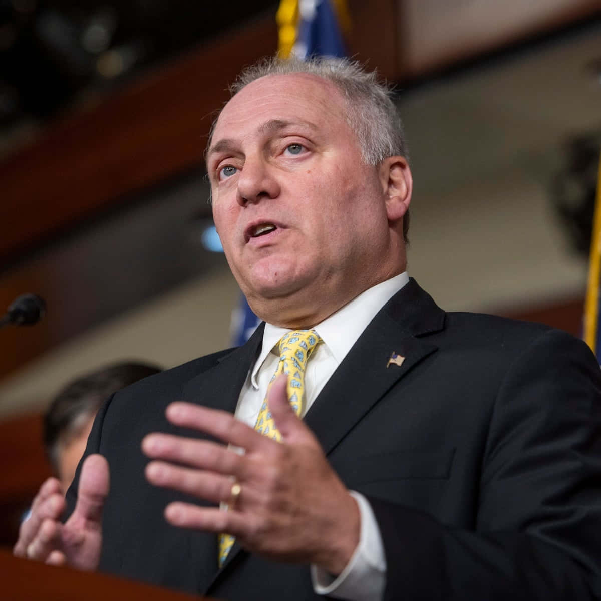 Steve Scalise Gesturing Behind Lectern Background