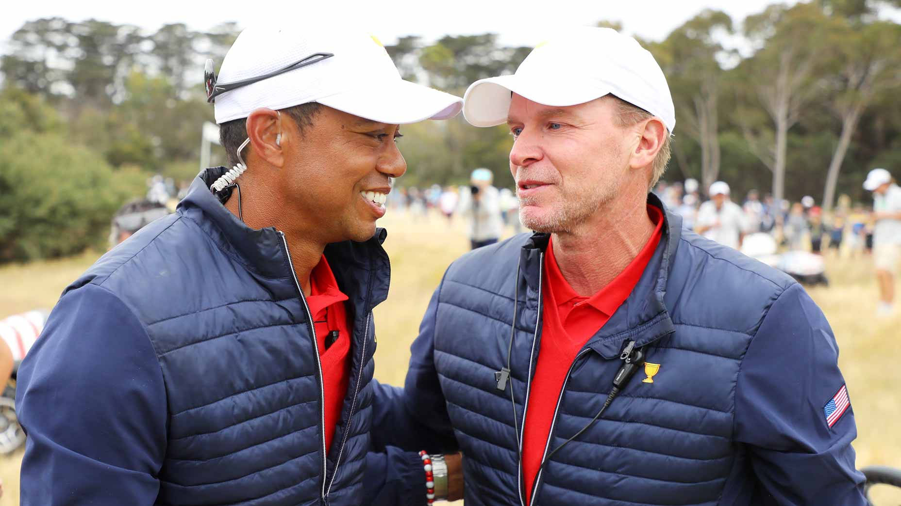 Steve Stricker Chatting With Tiger Woods