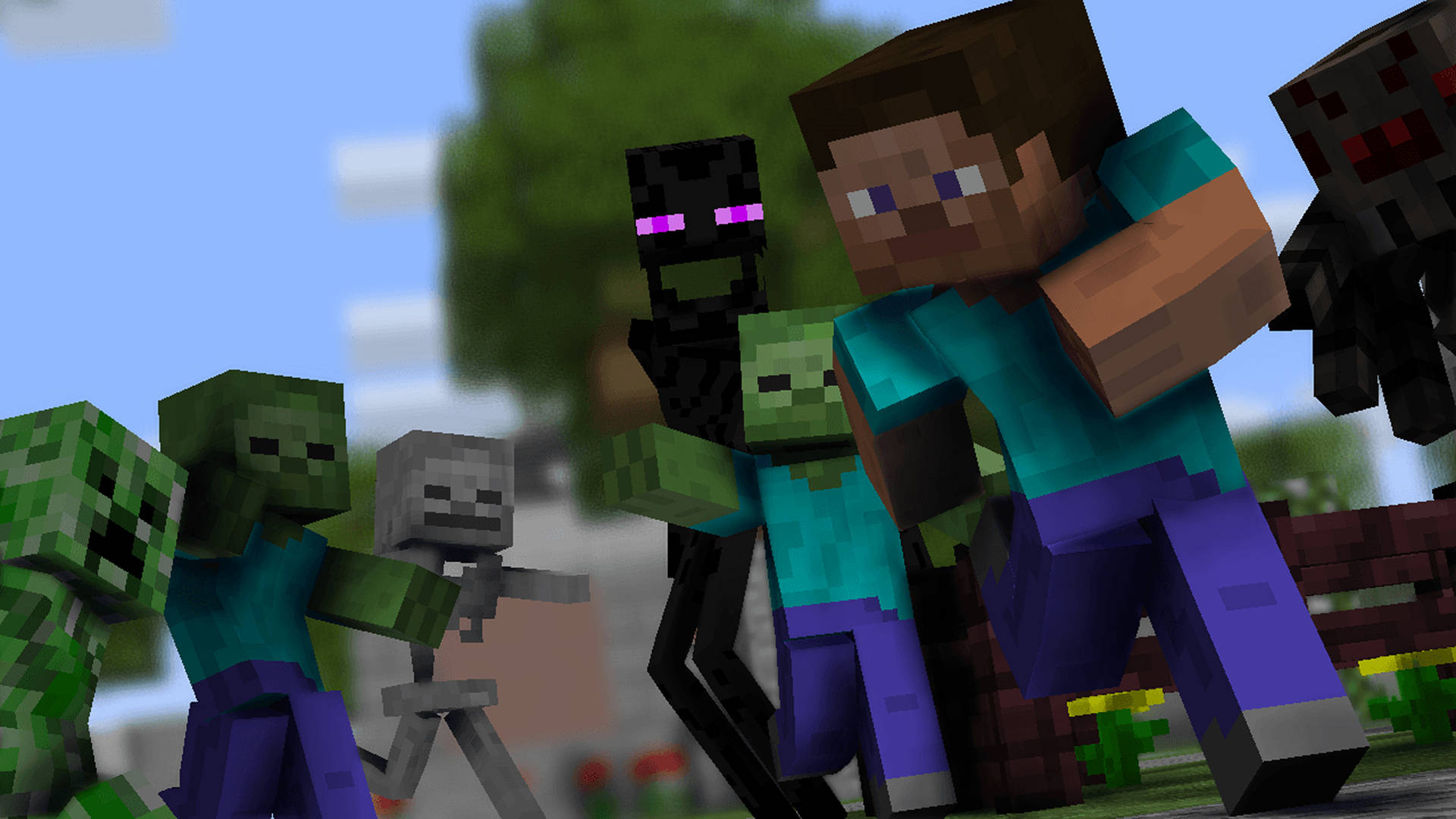 Steve With Hostile Mobs 2560x1440 Minecraft Background