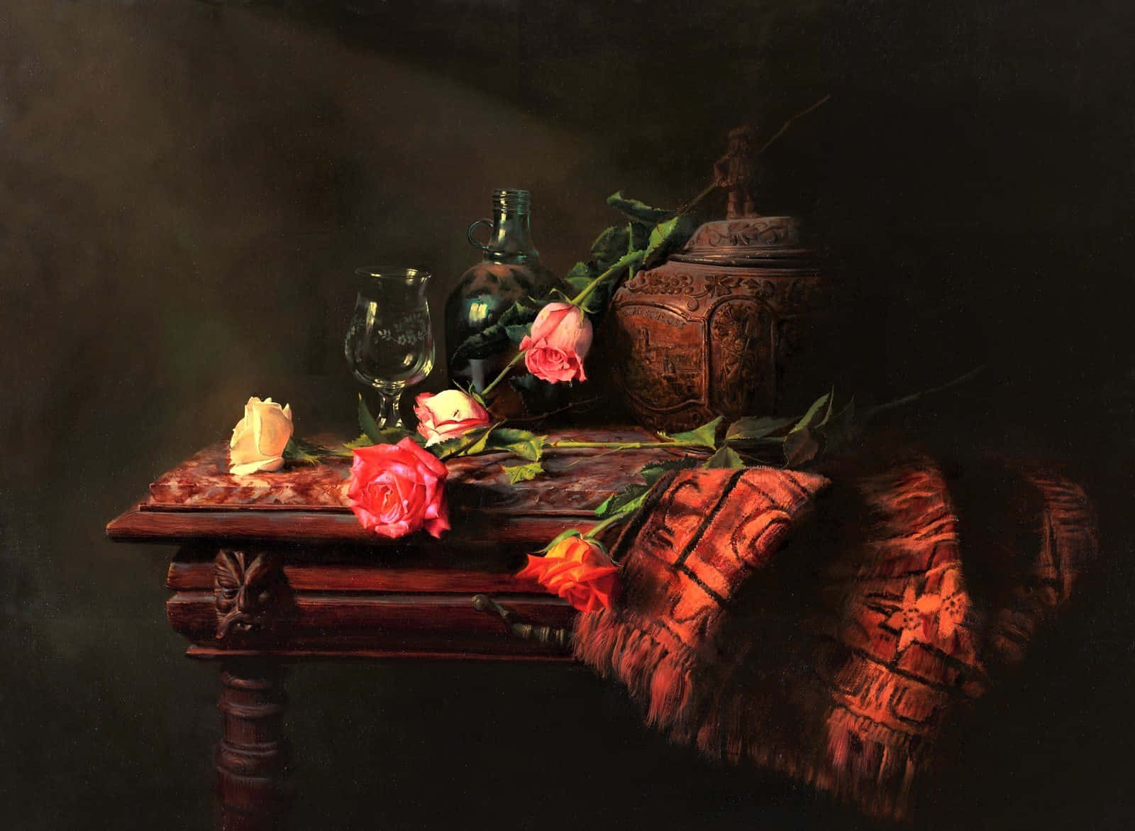 Still Life Roses Antique Table