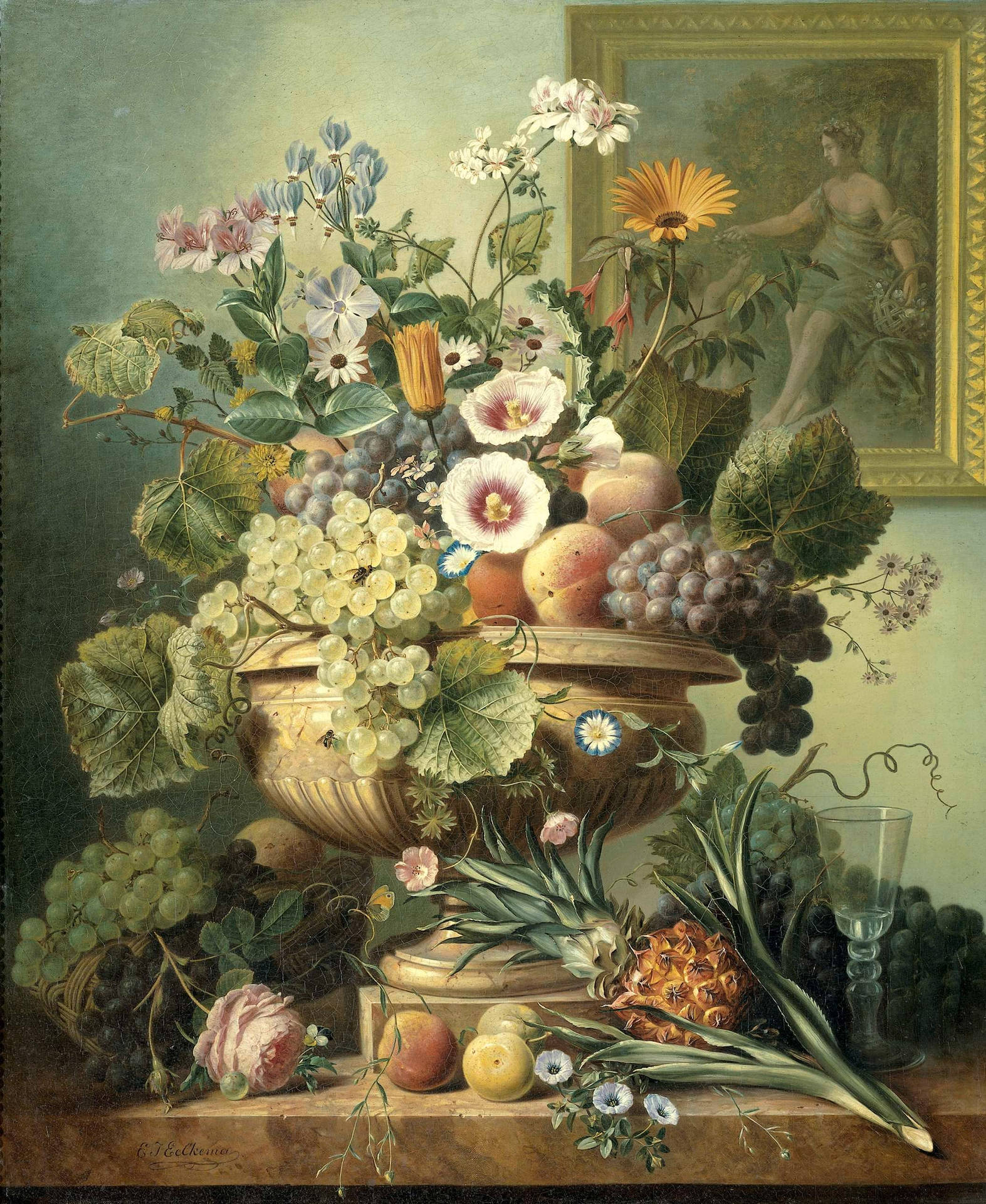 Still Life With Flowers And Fruit Painting Background
