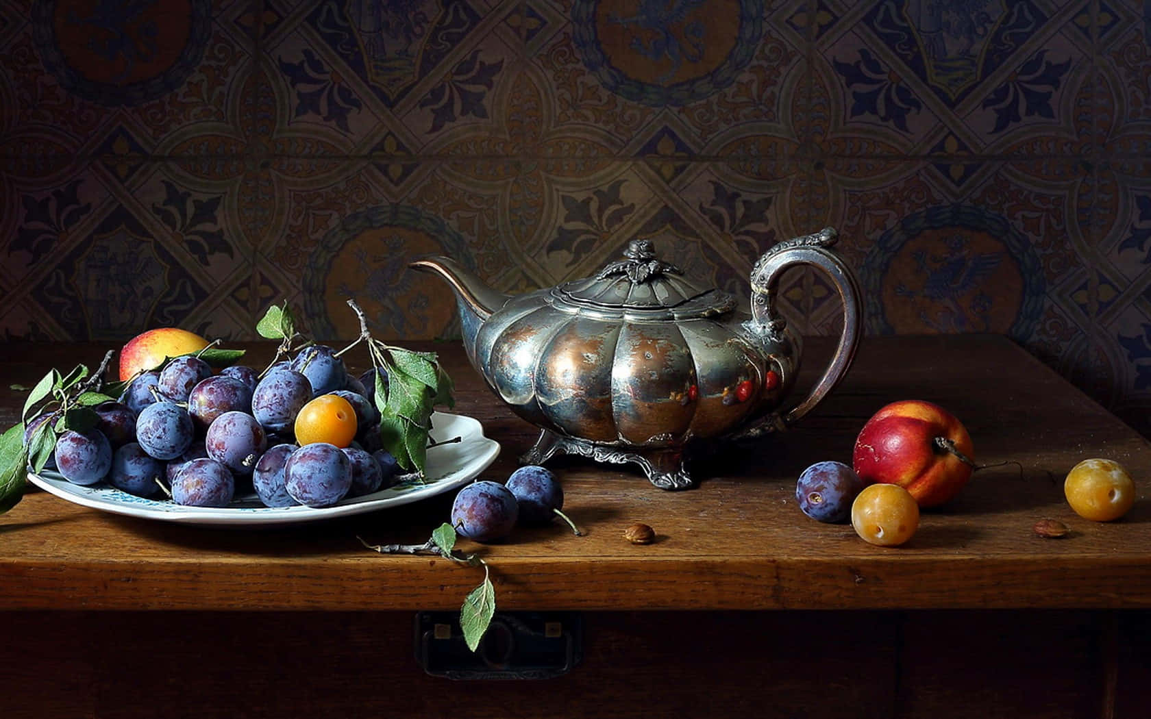 Still Lifewith Silver Teapotand Fruit Background