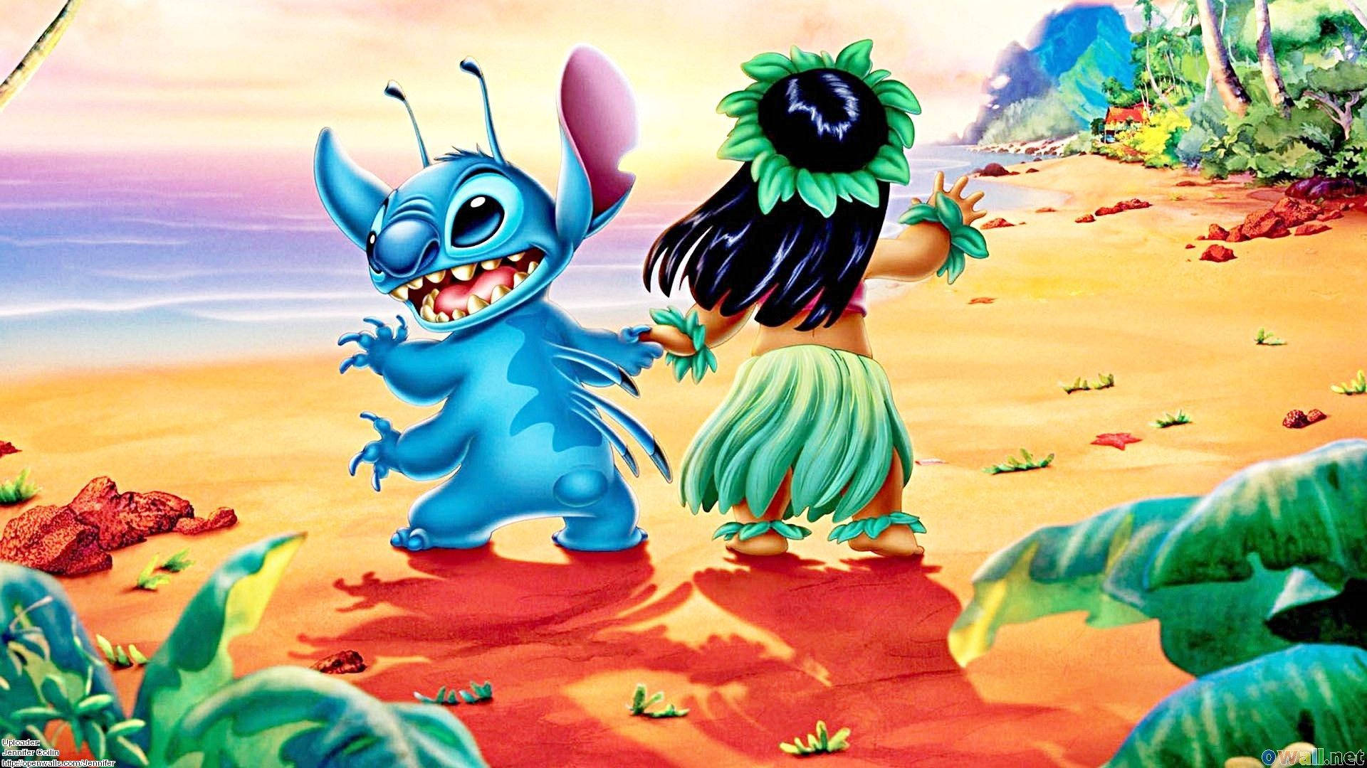 Stitch And Lilo In Hula Background