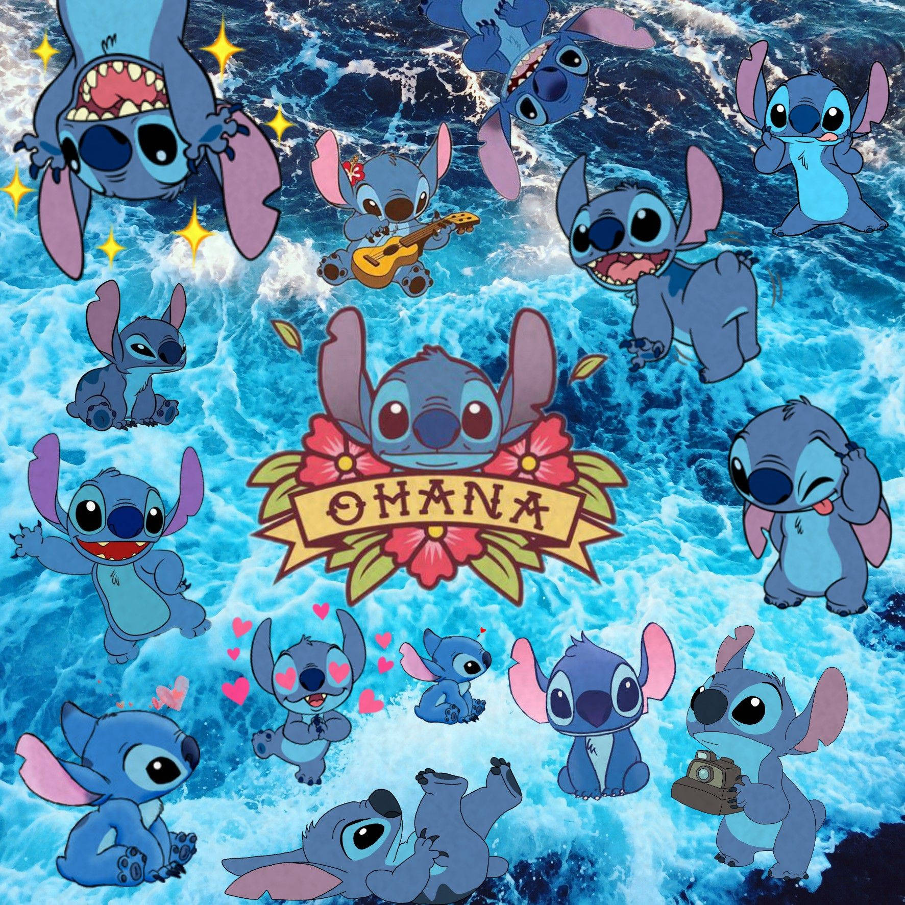 Stitch Collage Over Ocean Waves Background