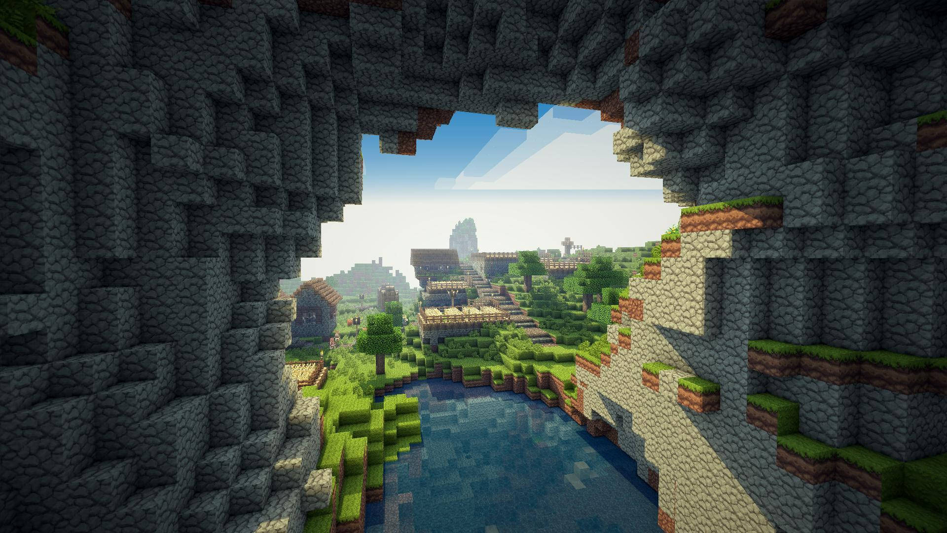 Stone Cave And Oak Village Minecraft Hd Background