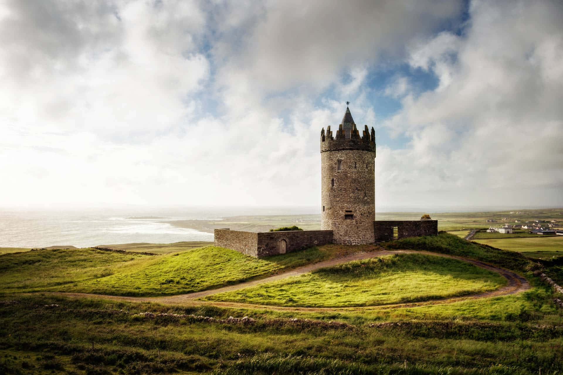 Stone Tower In Green Hill Ireland Desktop Background