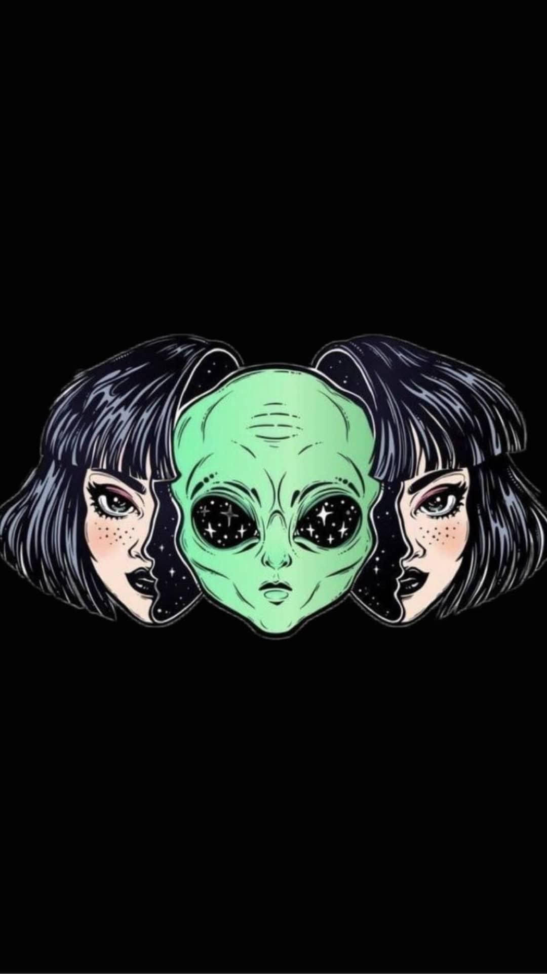 Stoned Cartoon Alien With Girl Background