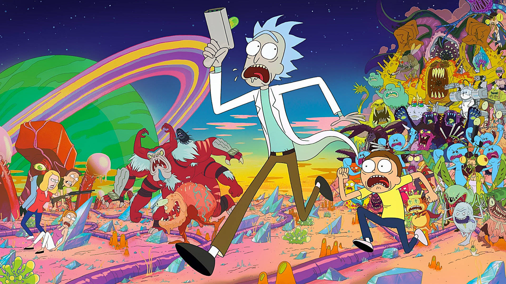 Stoned Rick And Morty Cartoon Characters Background