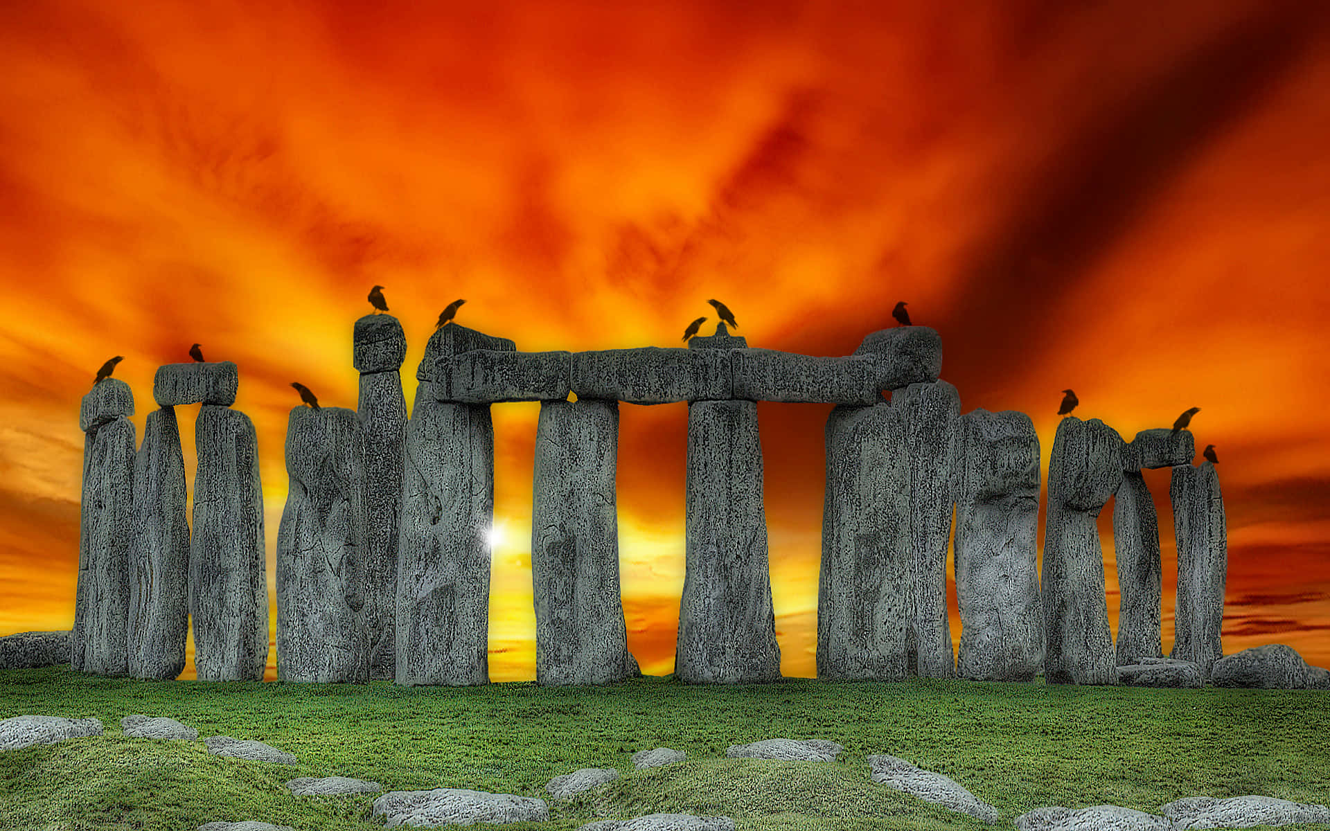 Stonehenge With Fiery Sky Background Background