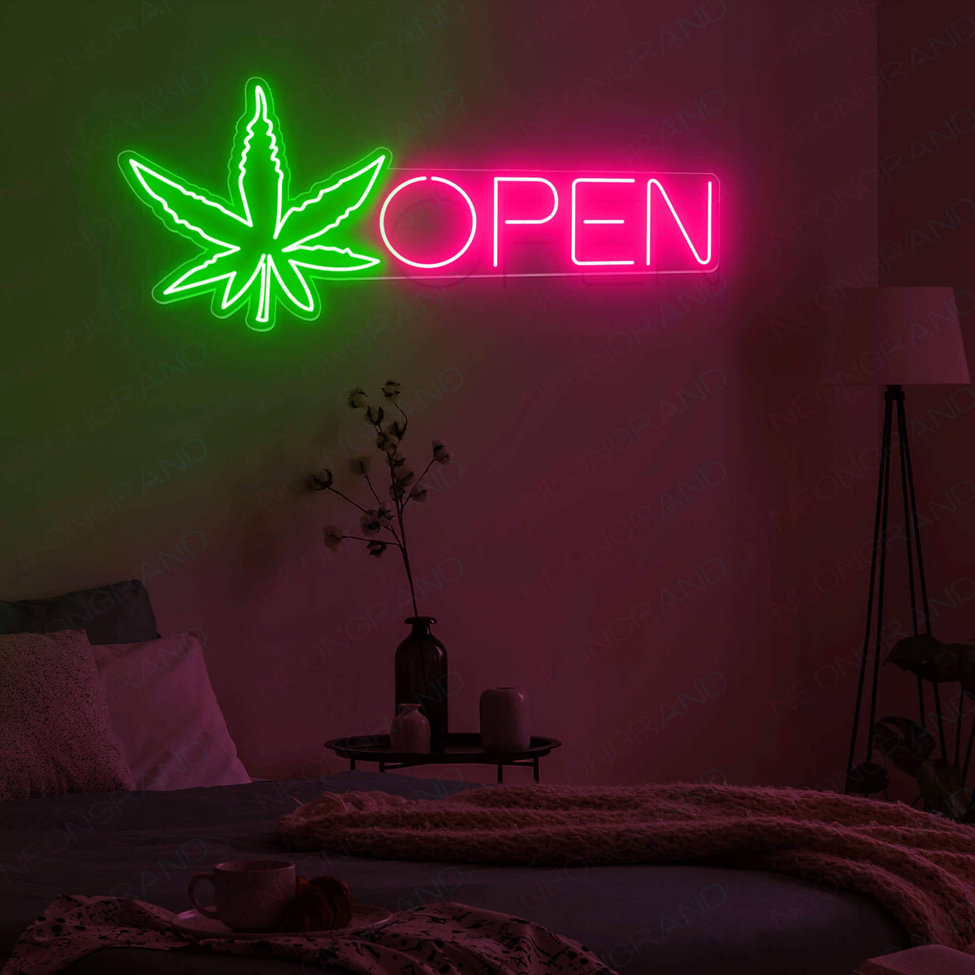 Stoner Bedroom Neon Lights Weed Aesthetic Background