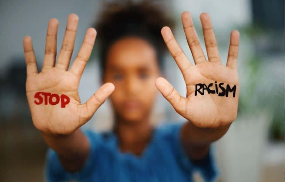 Stop Racism Written On Both Hands Background