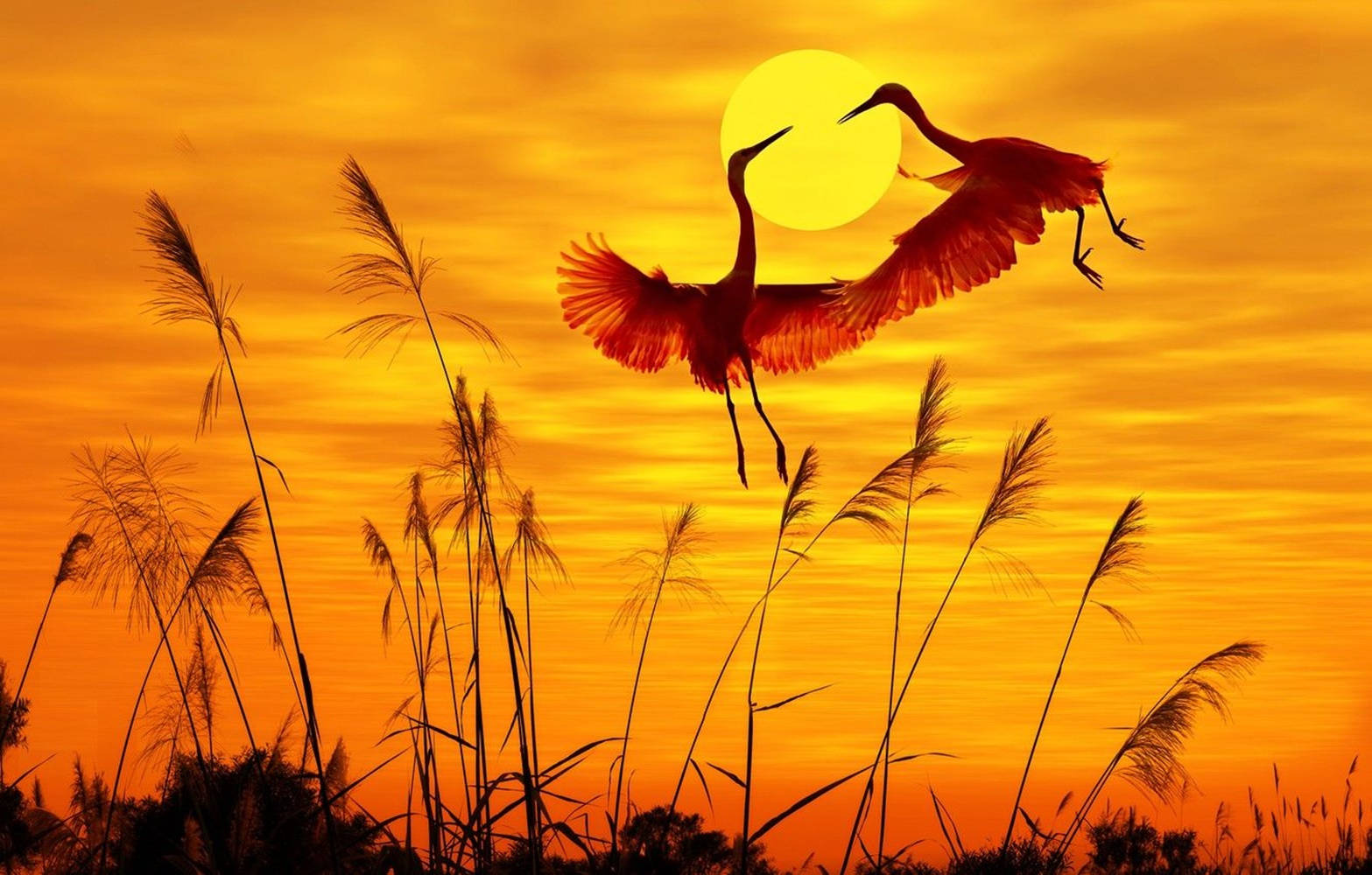 Stork Lover Birds Flying Against Sunset Background