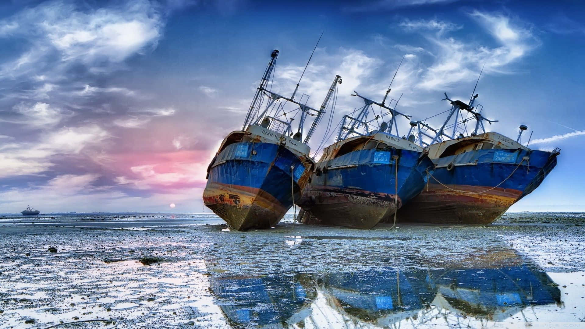 Stranded Fishing Vessels Sunset Background