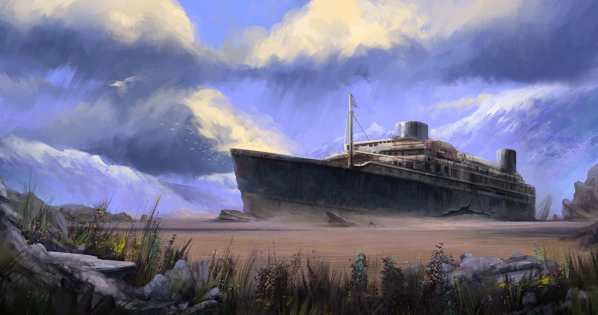 Stranded Ship Illustration Background