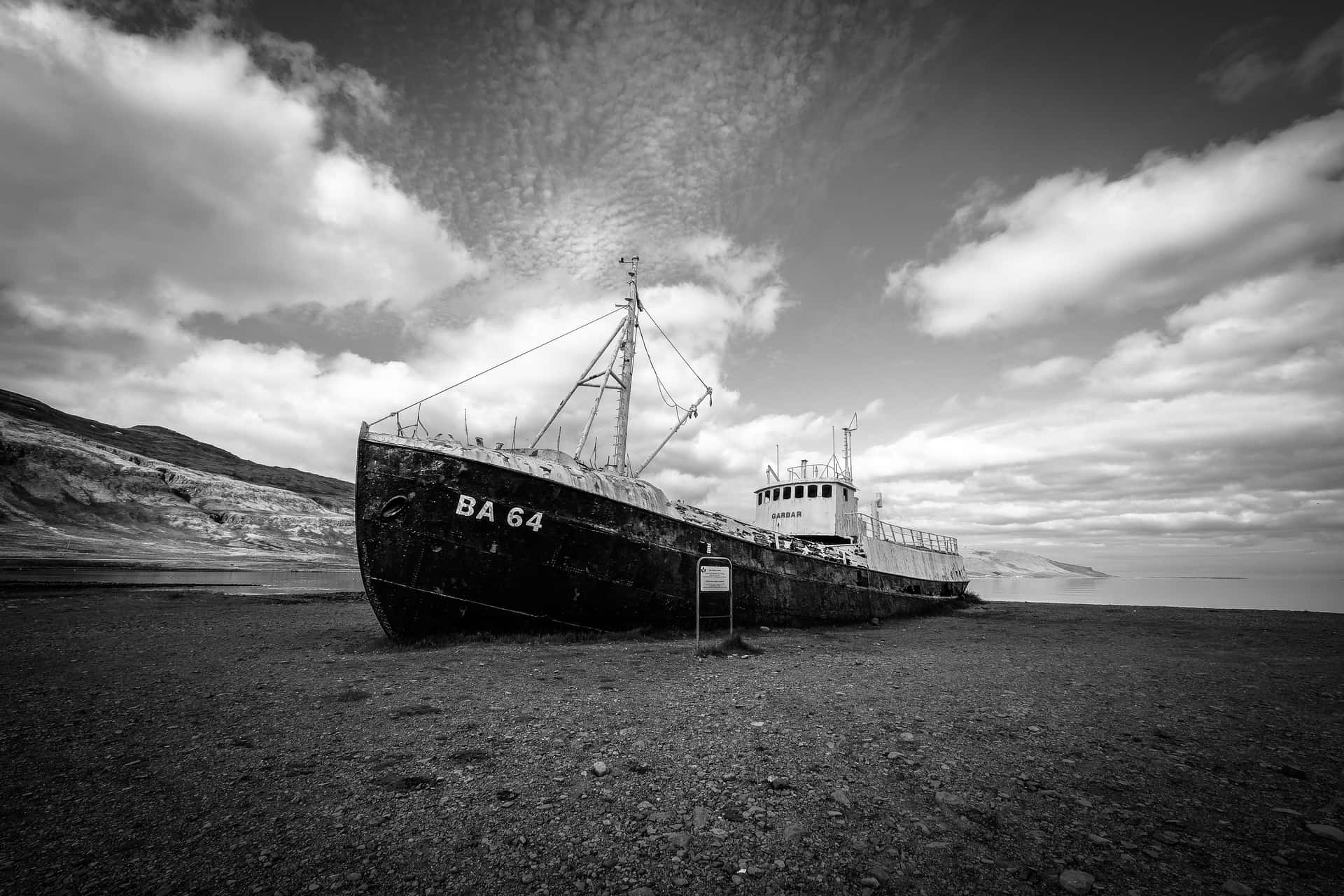 Stranded Ship In Black And White Background