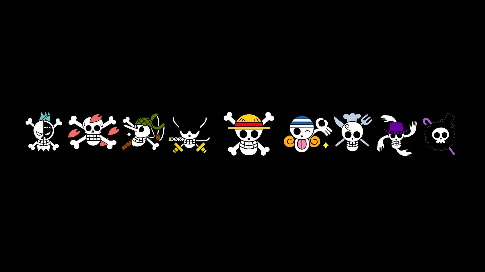 Straw Hat Jolly Roger Icons In Solid Black Background