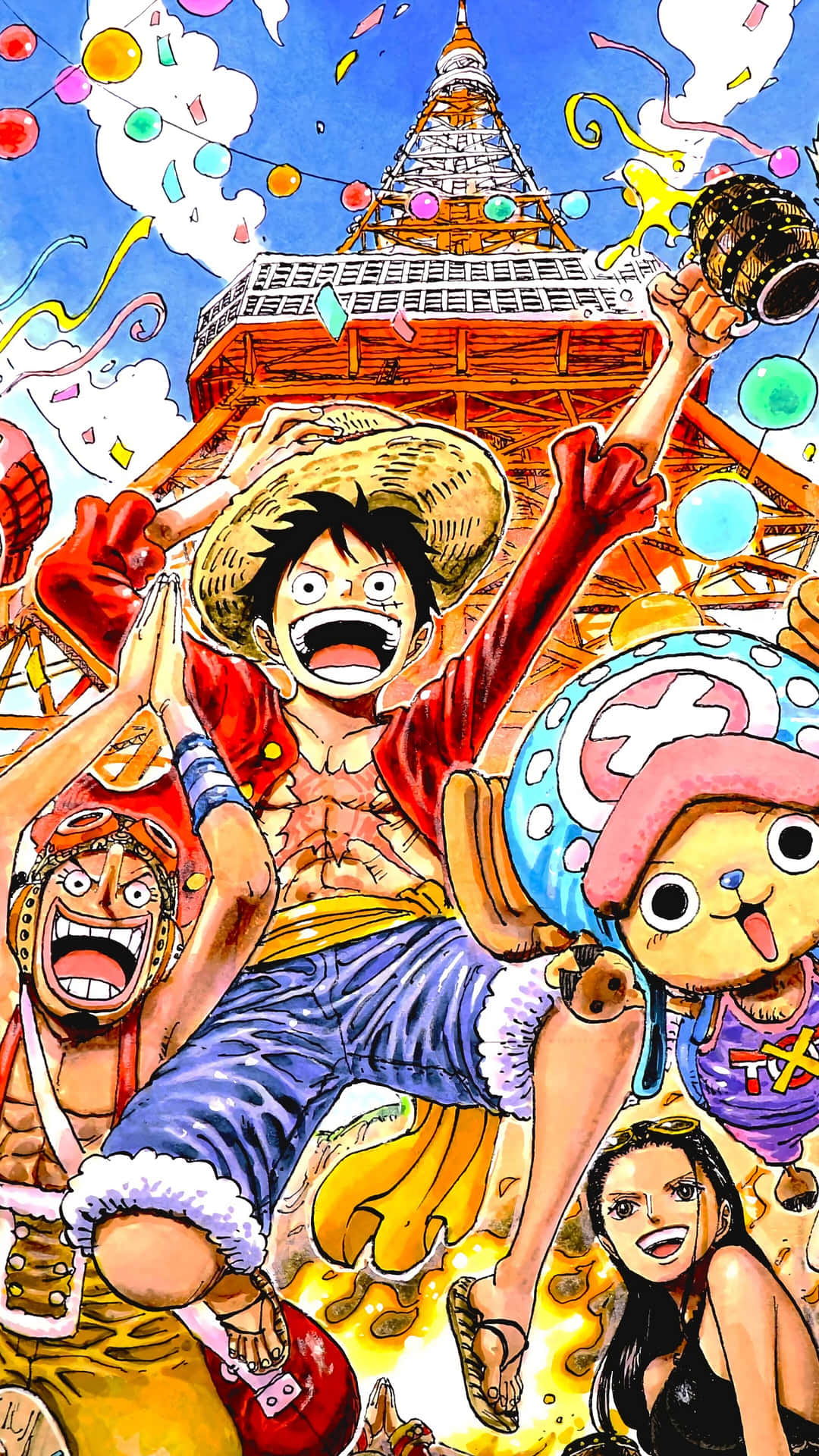 Straw Hat Pirates Celebrating Under A Tower Background
