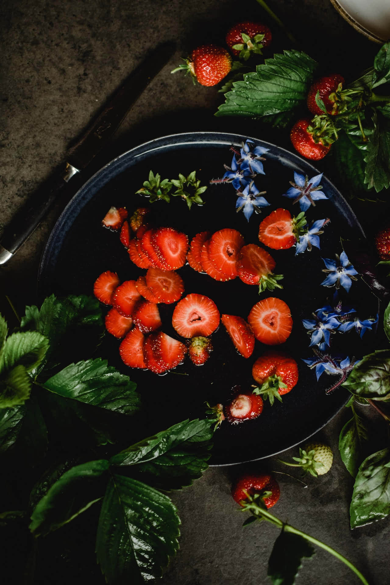 Strawberries And Borage Blue Flowers Phone Background