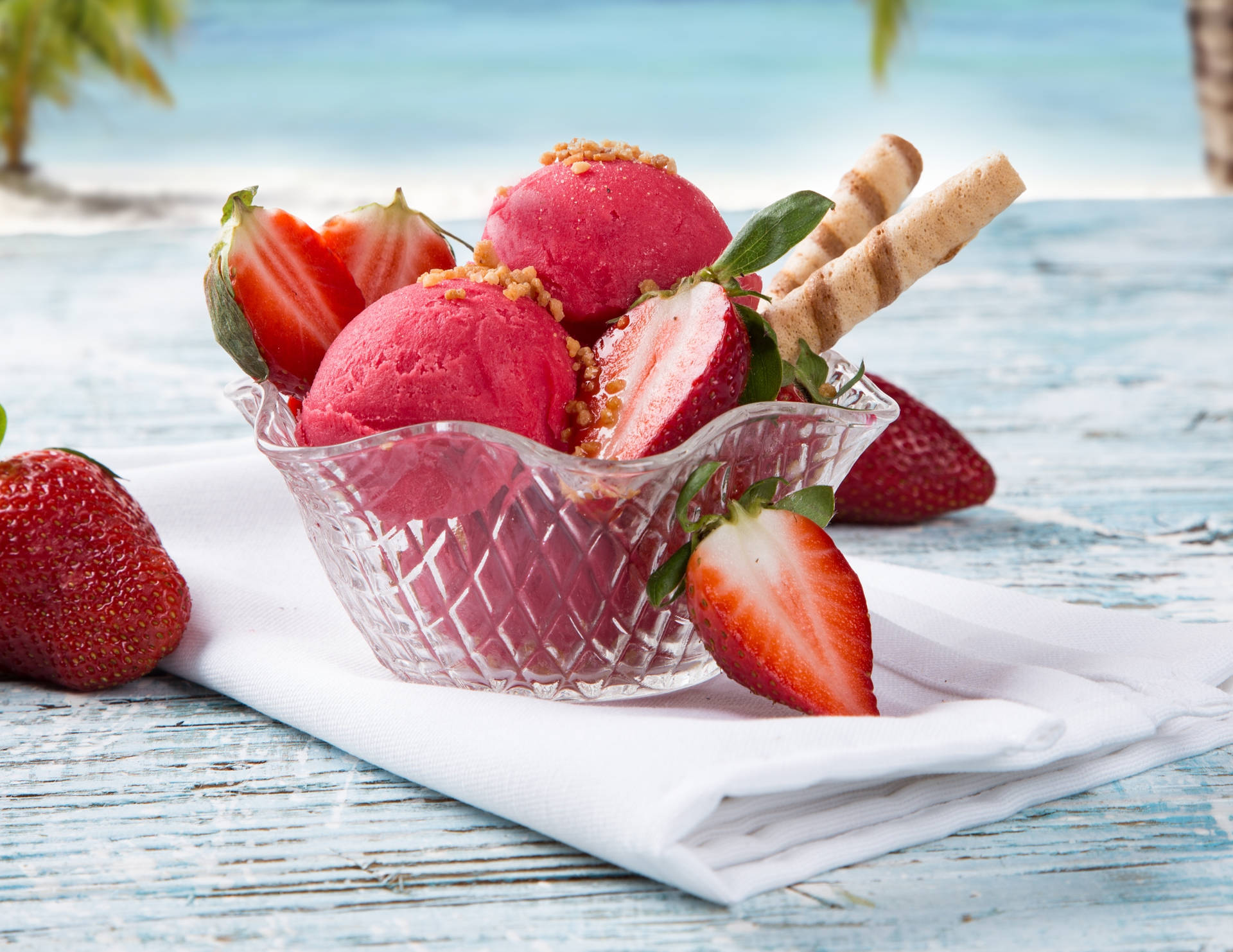 Strawberries And Rolled Wafer Biscuits Background