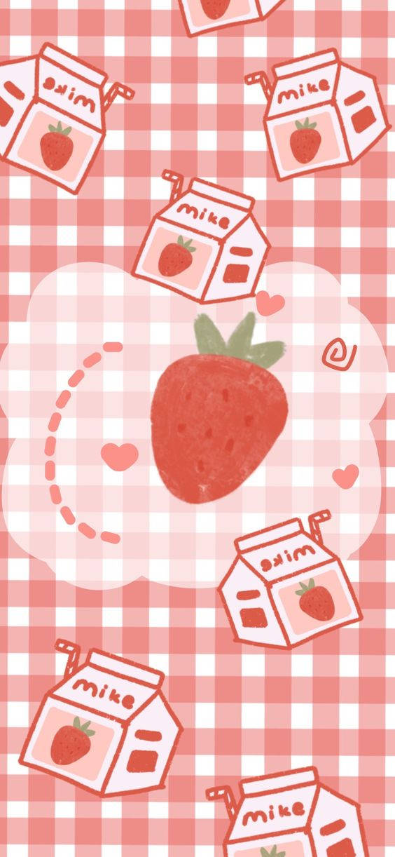 Strawberry And Milk On A Checkered Background Background