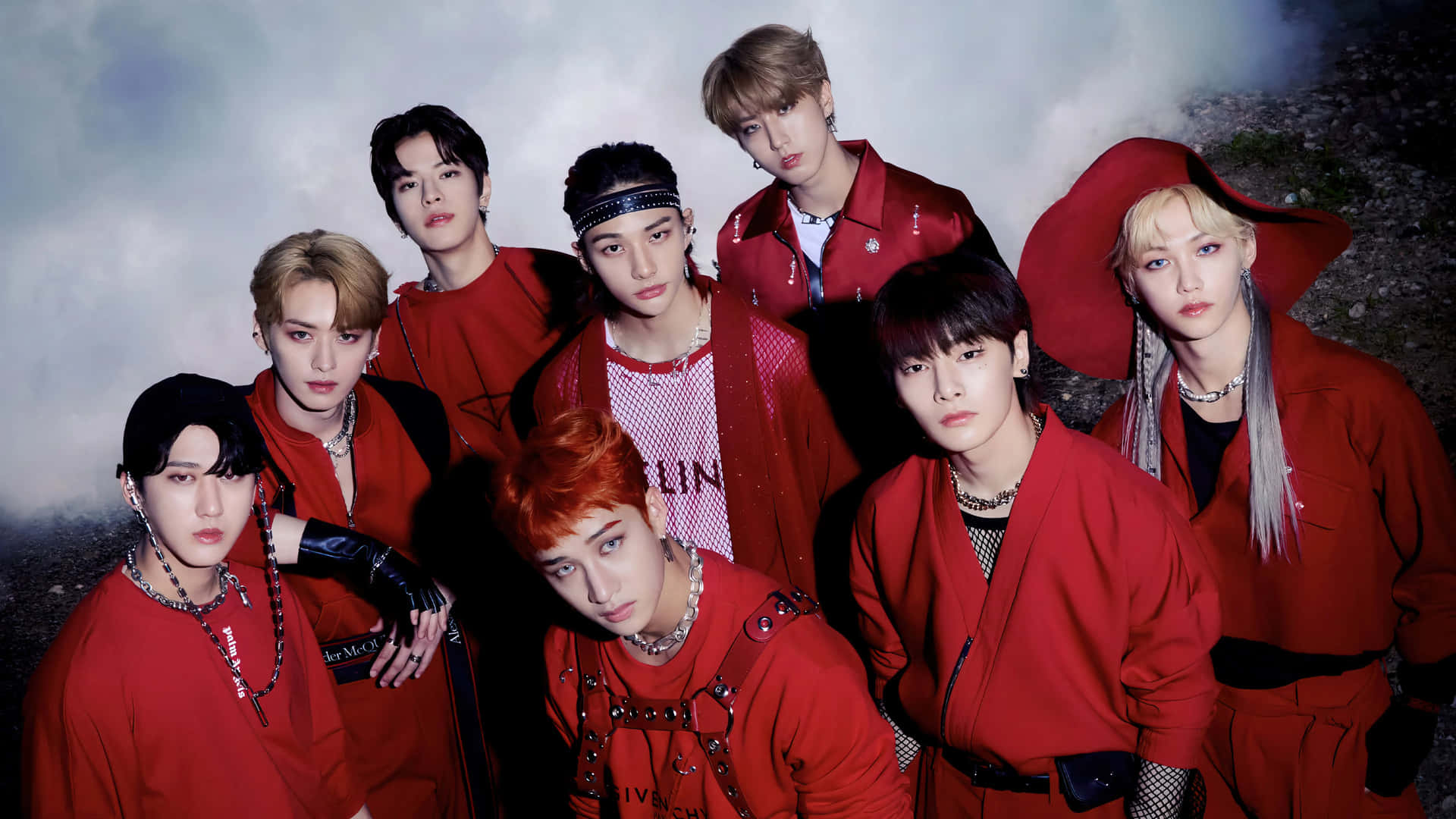 Stray Kids Red Outfits Group Shot Background