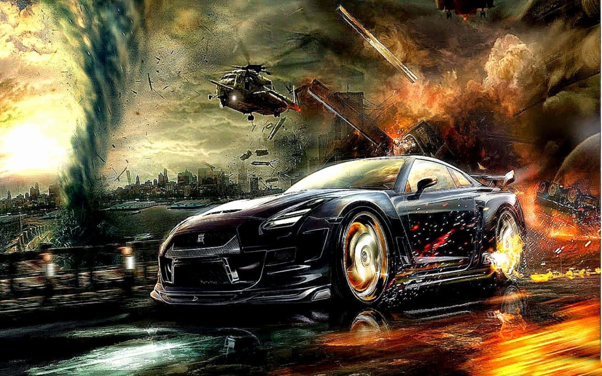 Street Racing Car Chased By Helicopter