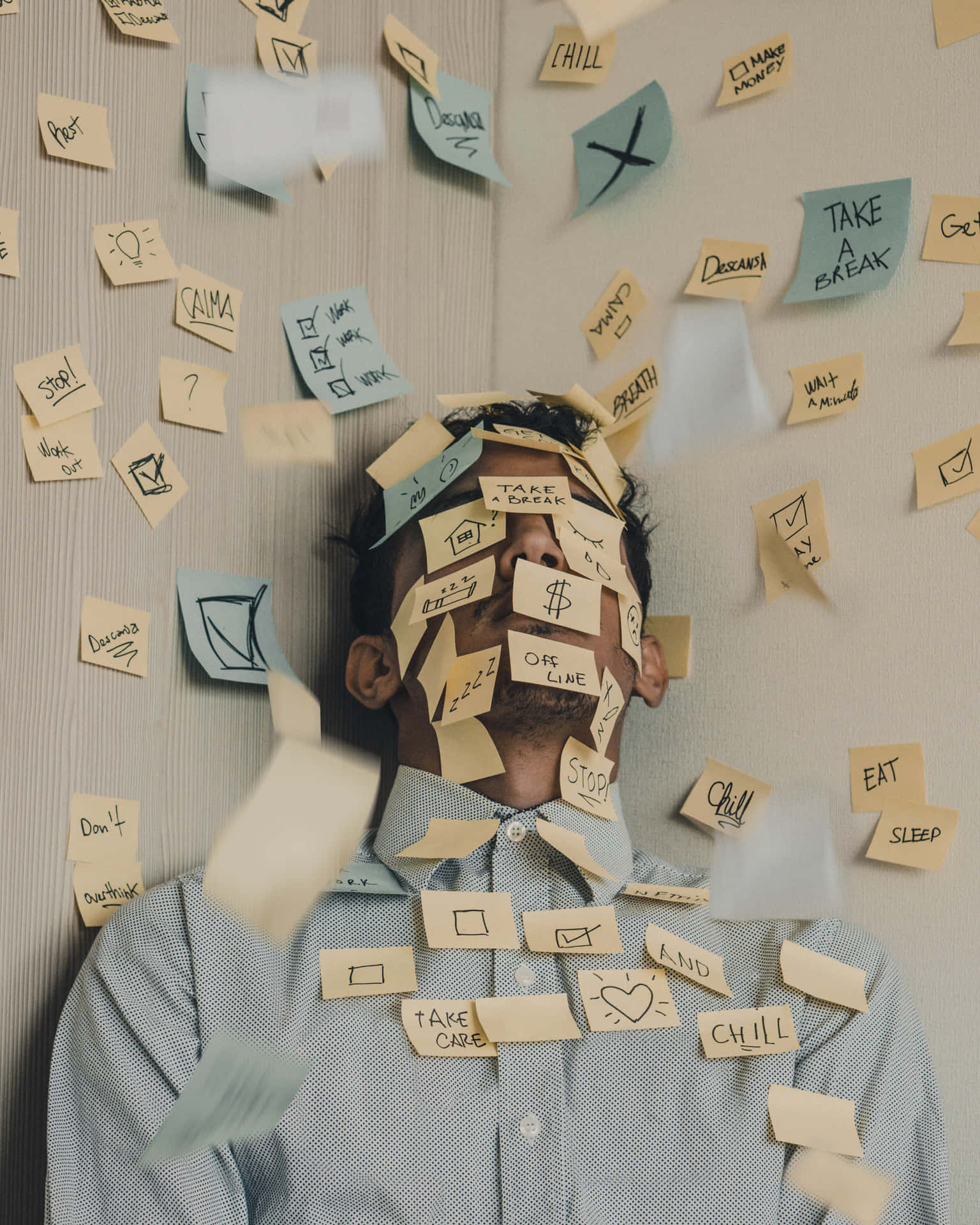 Stress Man Covered In Sticky Notes