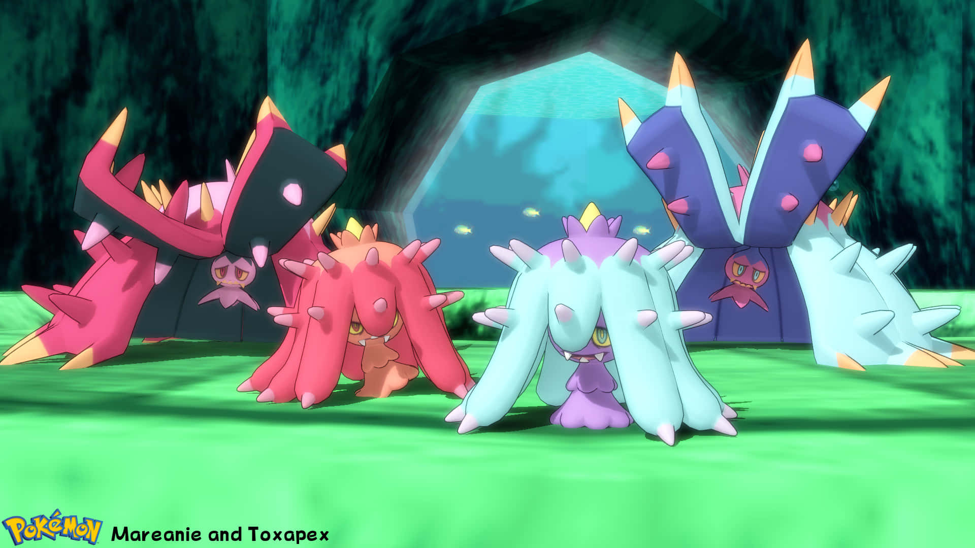 Striking Image Of Blue And Pink Mareanie And Toxapex Background