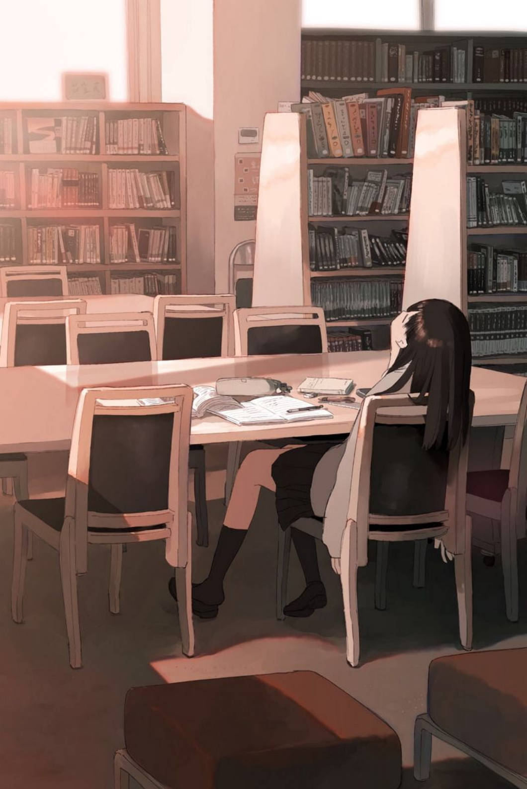 Student Girl Studying In Library With Iphone 4s Background