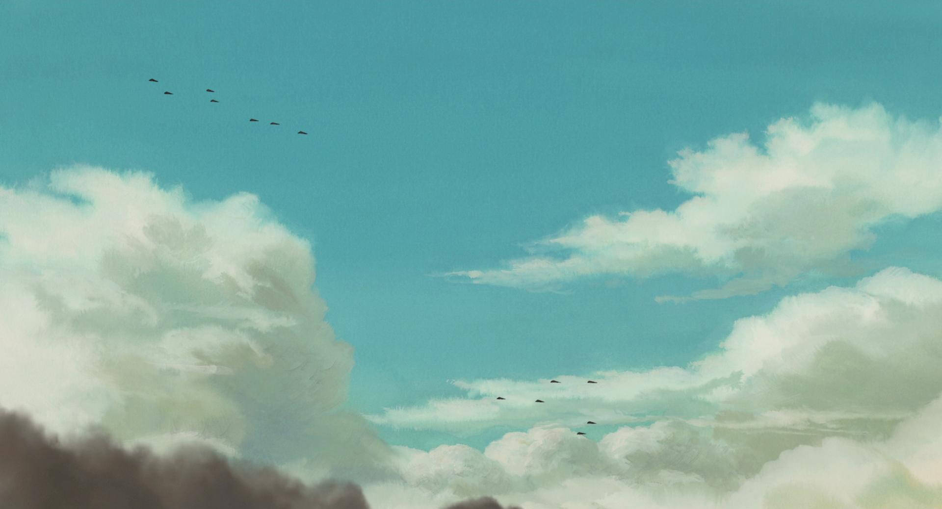 Studio Ghibli Scenery Blue Sky With Planes Background
