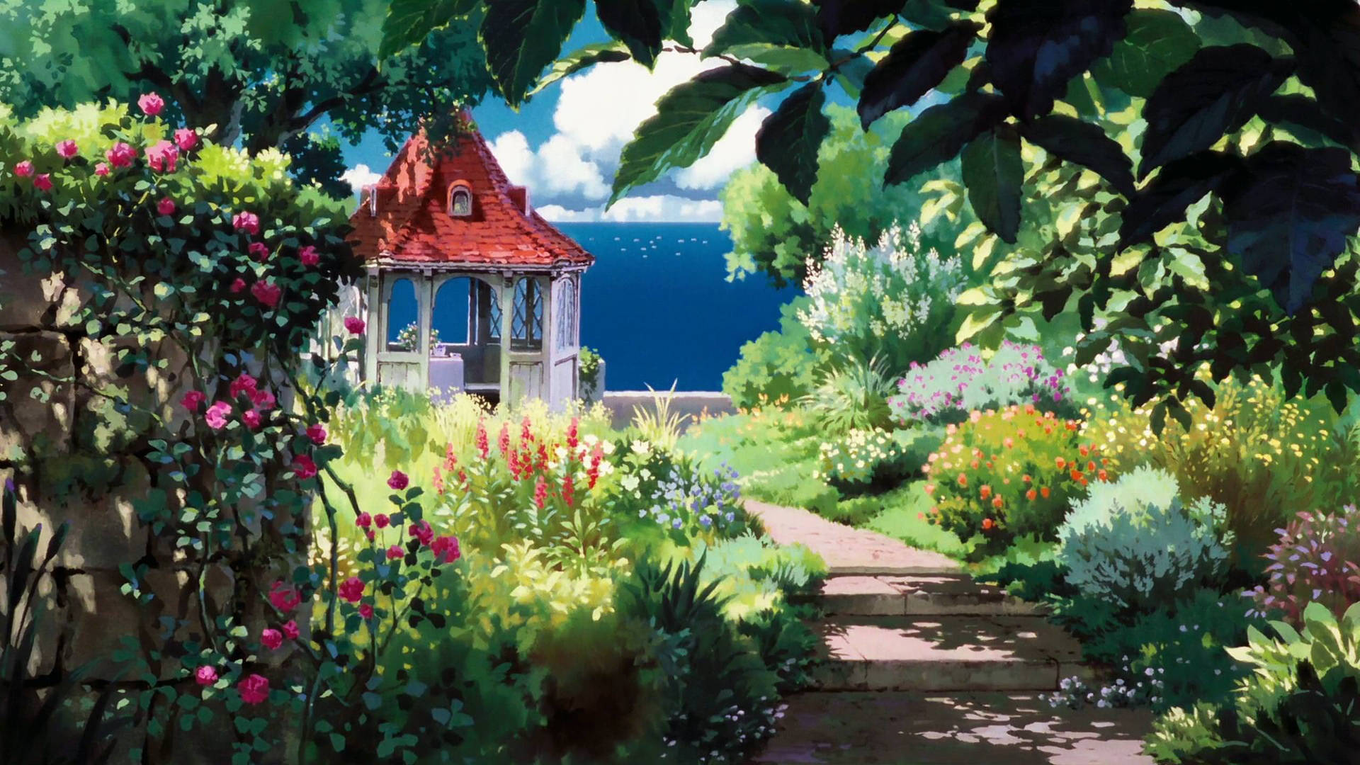 Studio Ghibli Scenery Gazebo In Garden Background