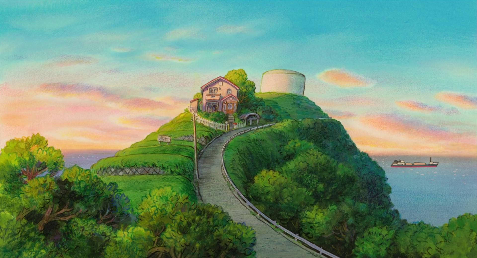 Studio Ghibli Scenery House On Hill Background