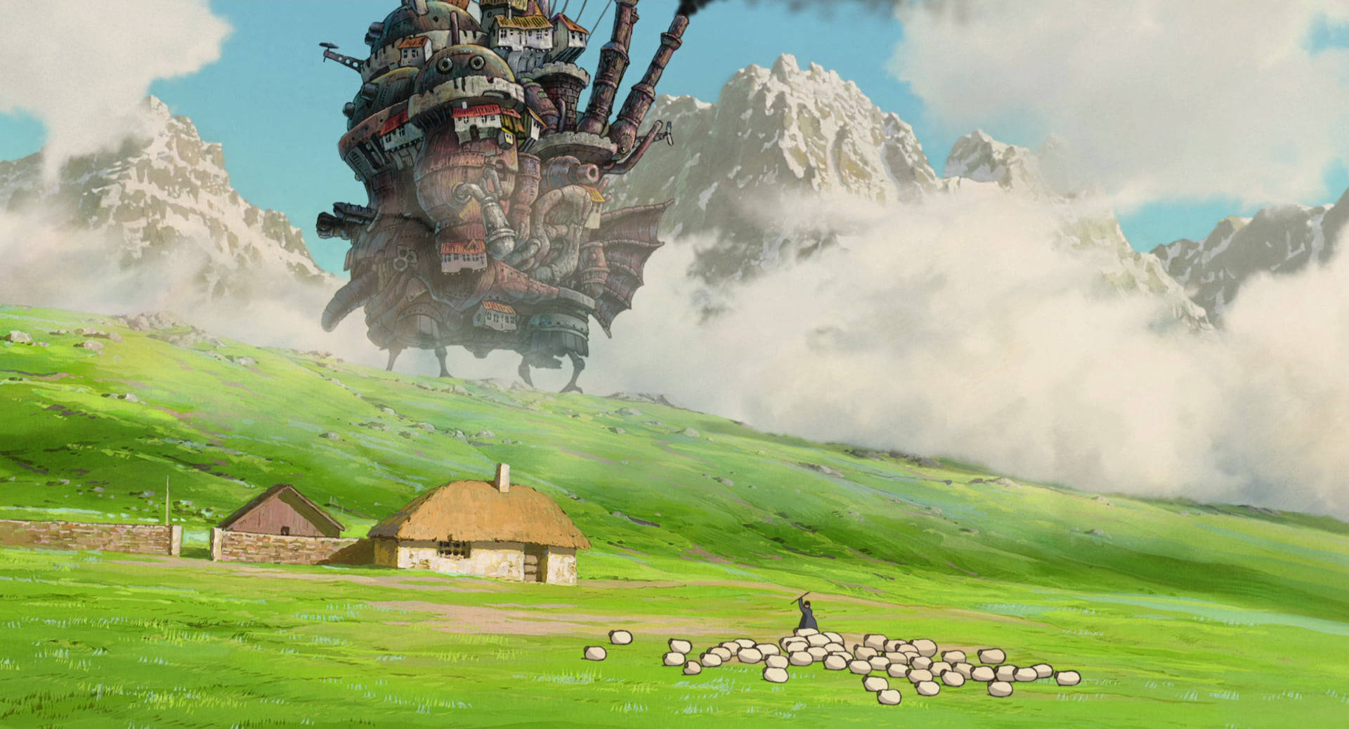 Studio Ghibli Scenery Of Sheep On Farm Background