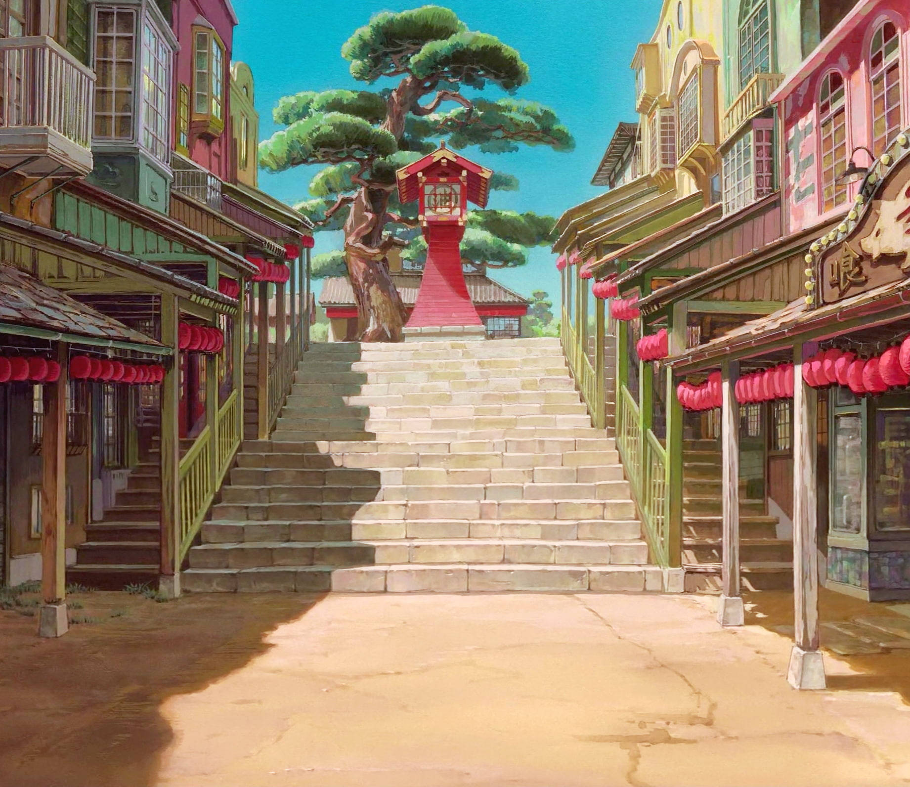 Studio Ghibli Scenery Stairs In Town Background