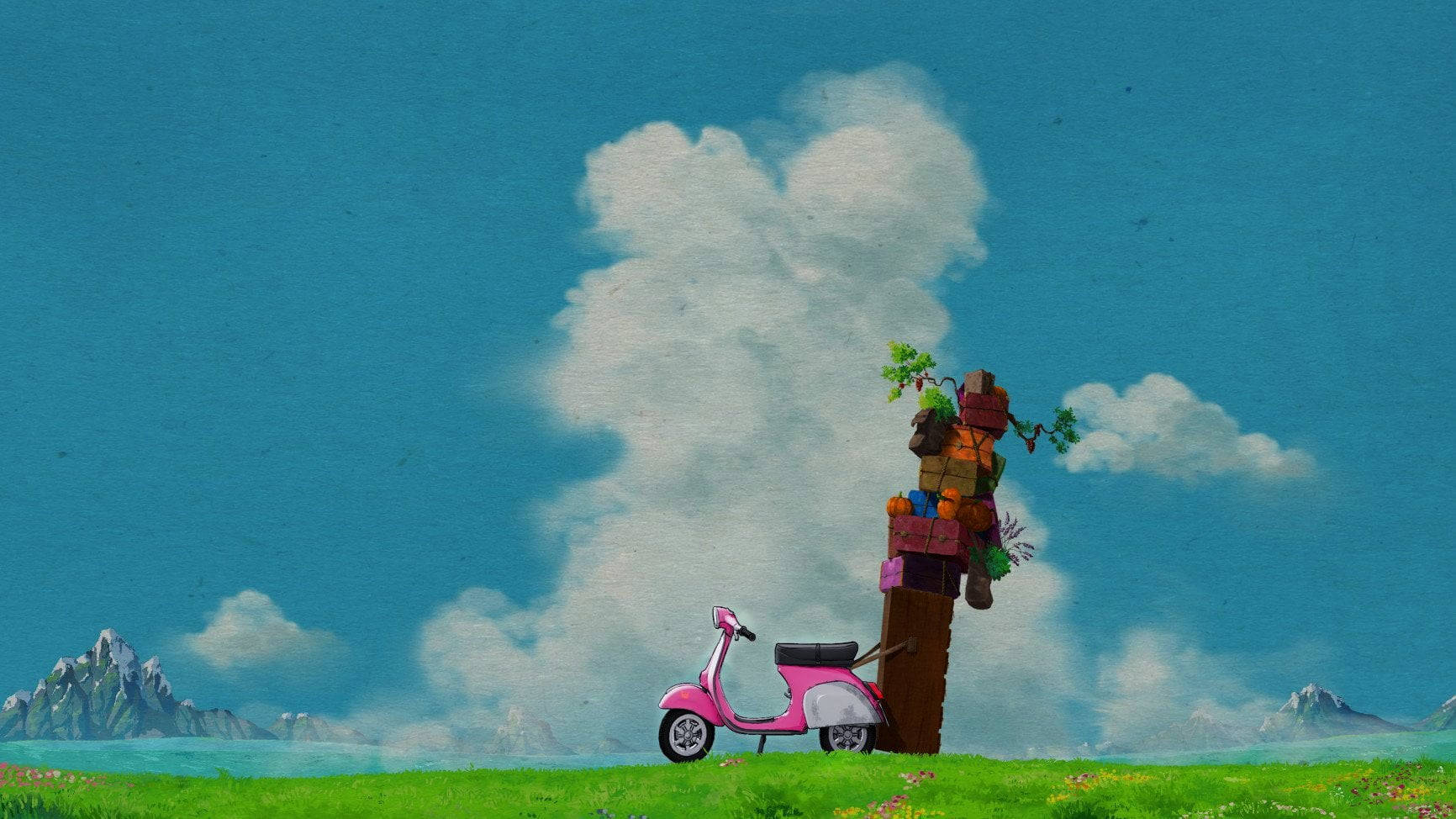 Studio Ghibli Scenery With Pink Scooter Background