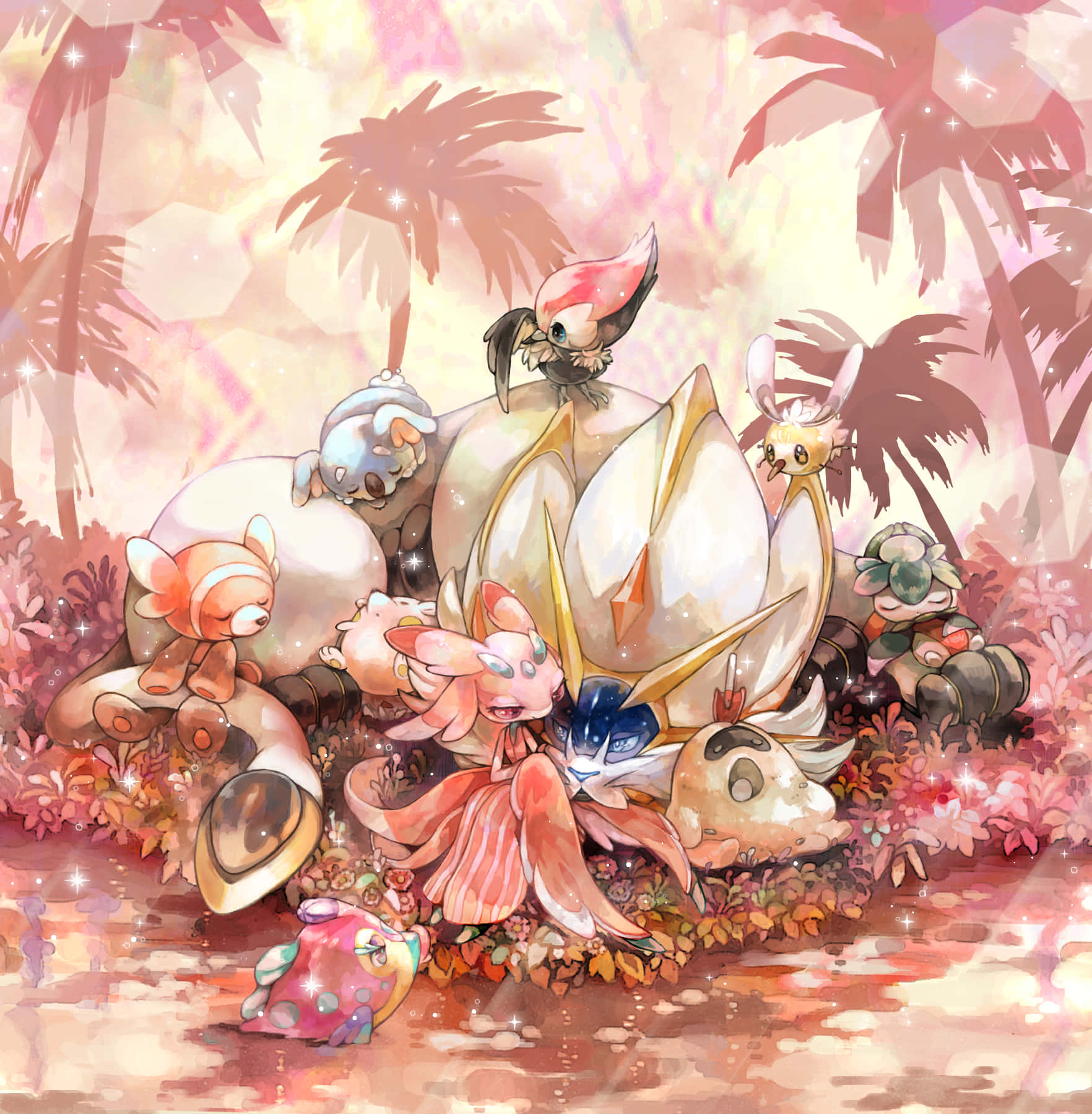 Stufful With Pokémon Characters In Pink Graphic Background