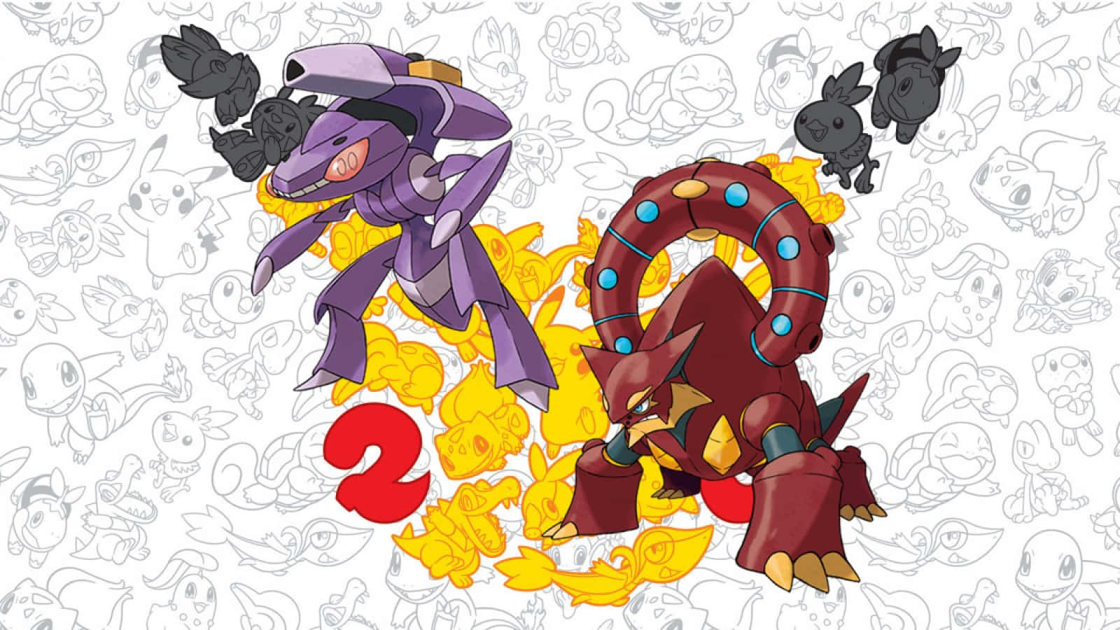 Stunning 2d Illustration Of Genesect And Volcanion In Battle Background