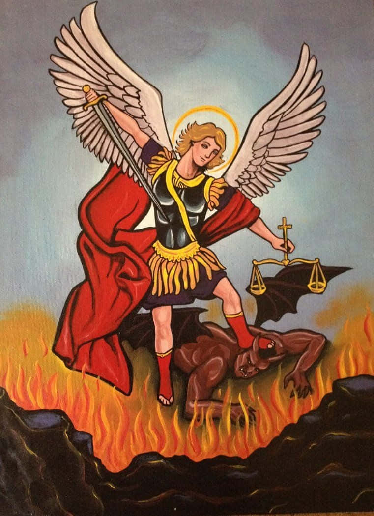Stunning Artwork Of Saint Michael The Archangel Defending Against Evil Background
