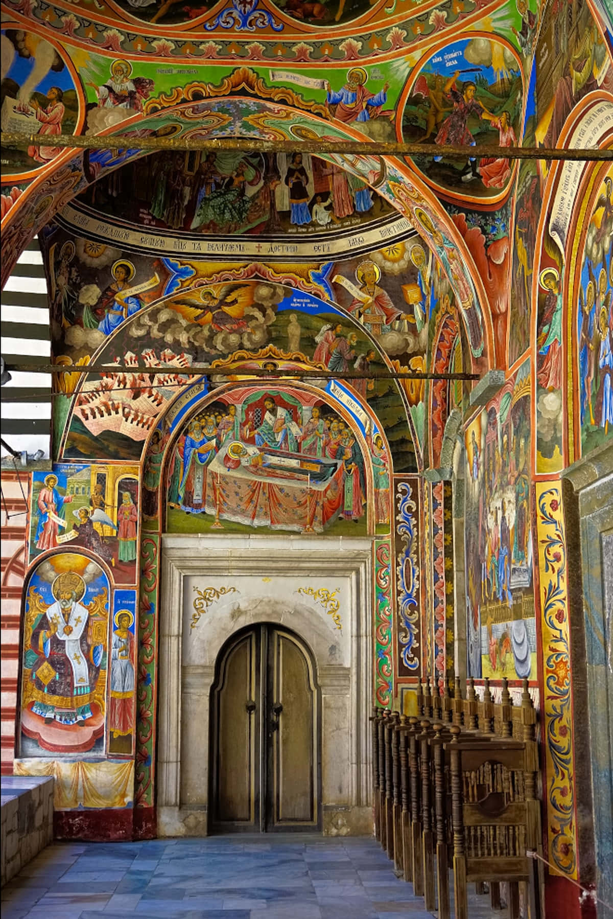 Stunning Colorful Interior Of Historic Rila Monastery Background